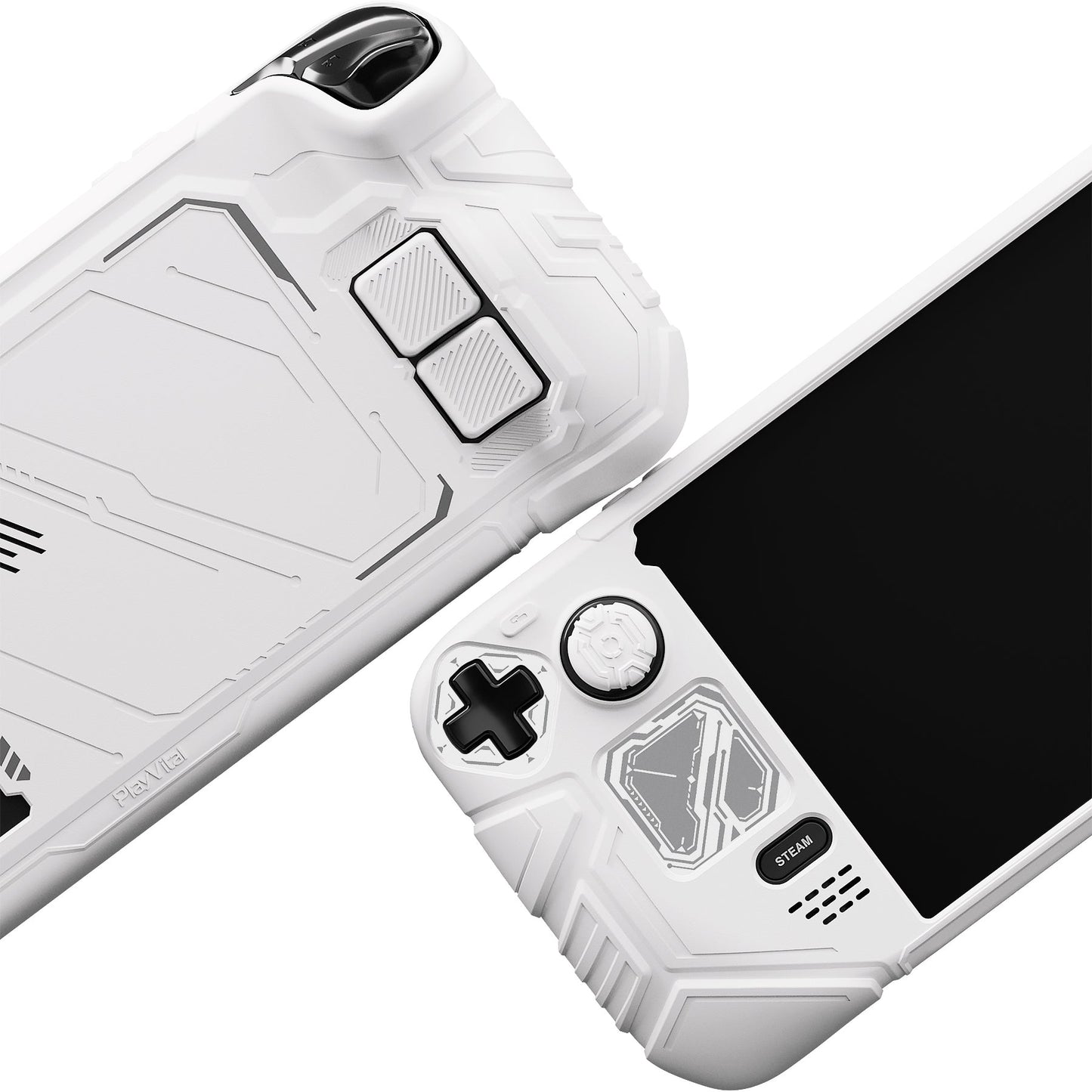 PlayVital Mecha Protective Case with Back Button Enhancement Set & Thumb Grips & Stickers for Steam Deck OLED & LCD - White PlayVital