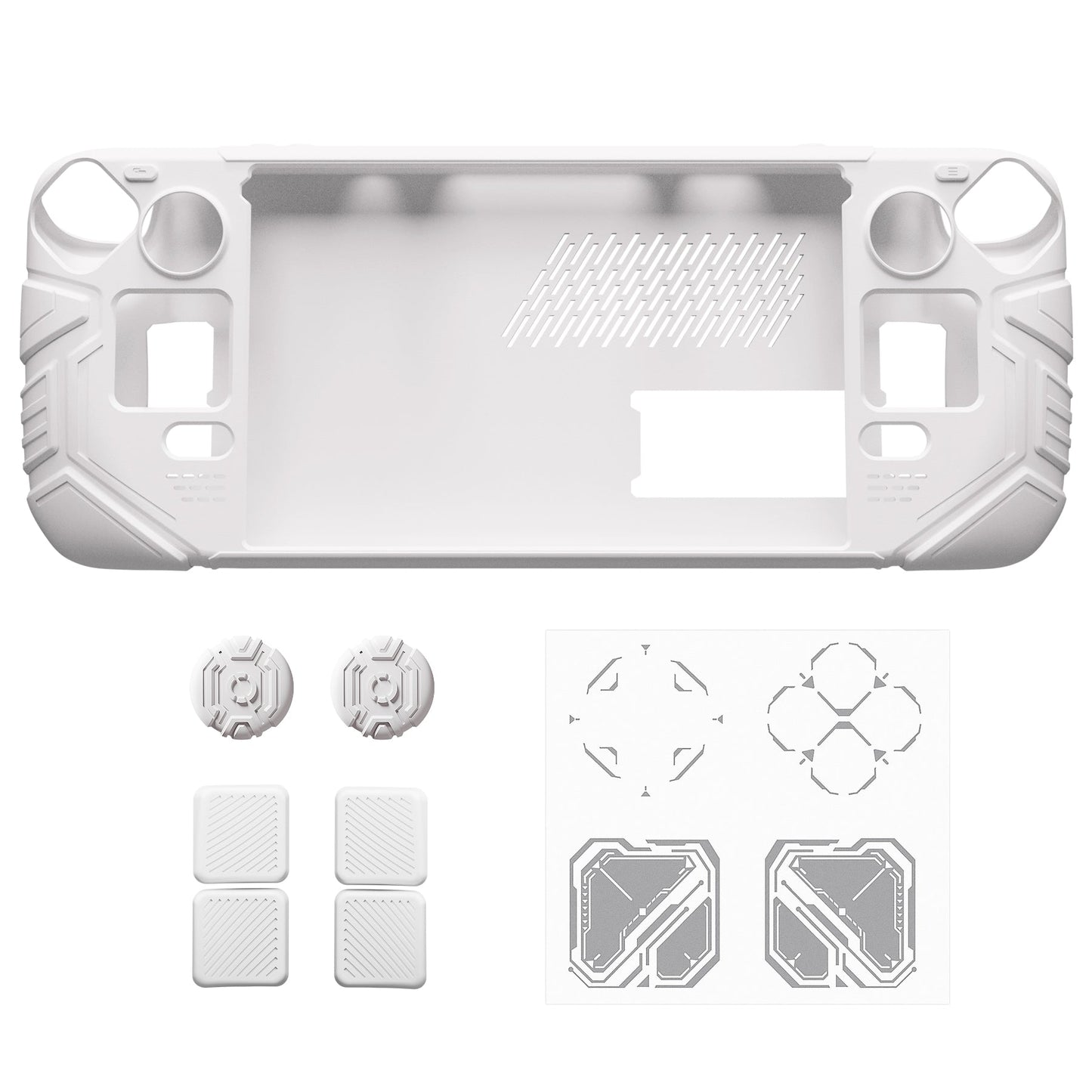 PlayVital Mecha Protective Case with Back Button Enhancement Set & Thumb Grips & Stickers for Steam Deck OLED & LCD - White PlayVital