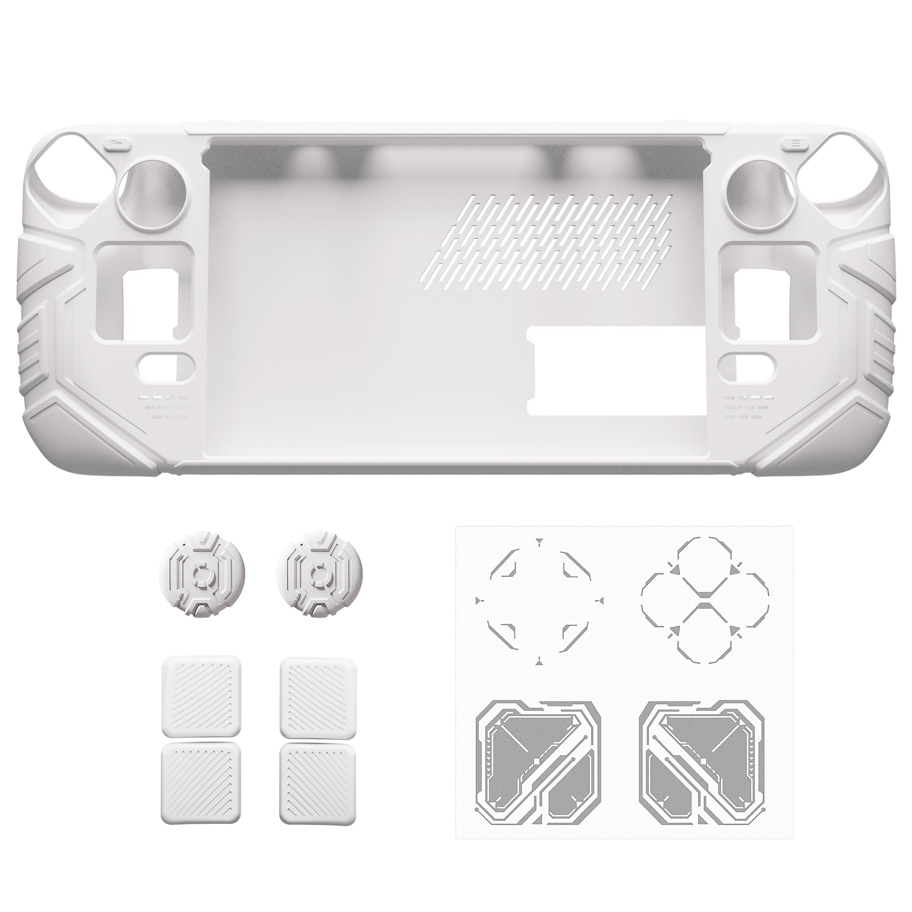 PlayVital Mecha Protective Case with Back Button Enhancement Set & Thumb Grips & Stickers for Steam Deck OLED & LCD - White PlayVital