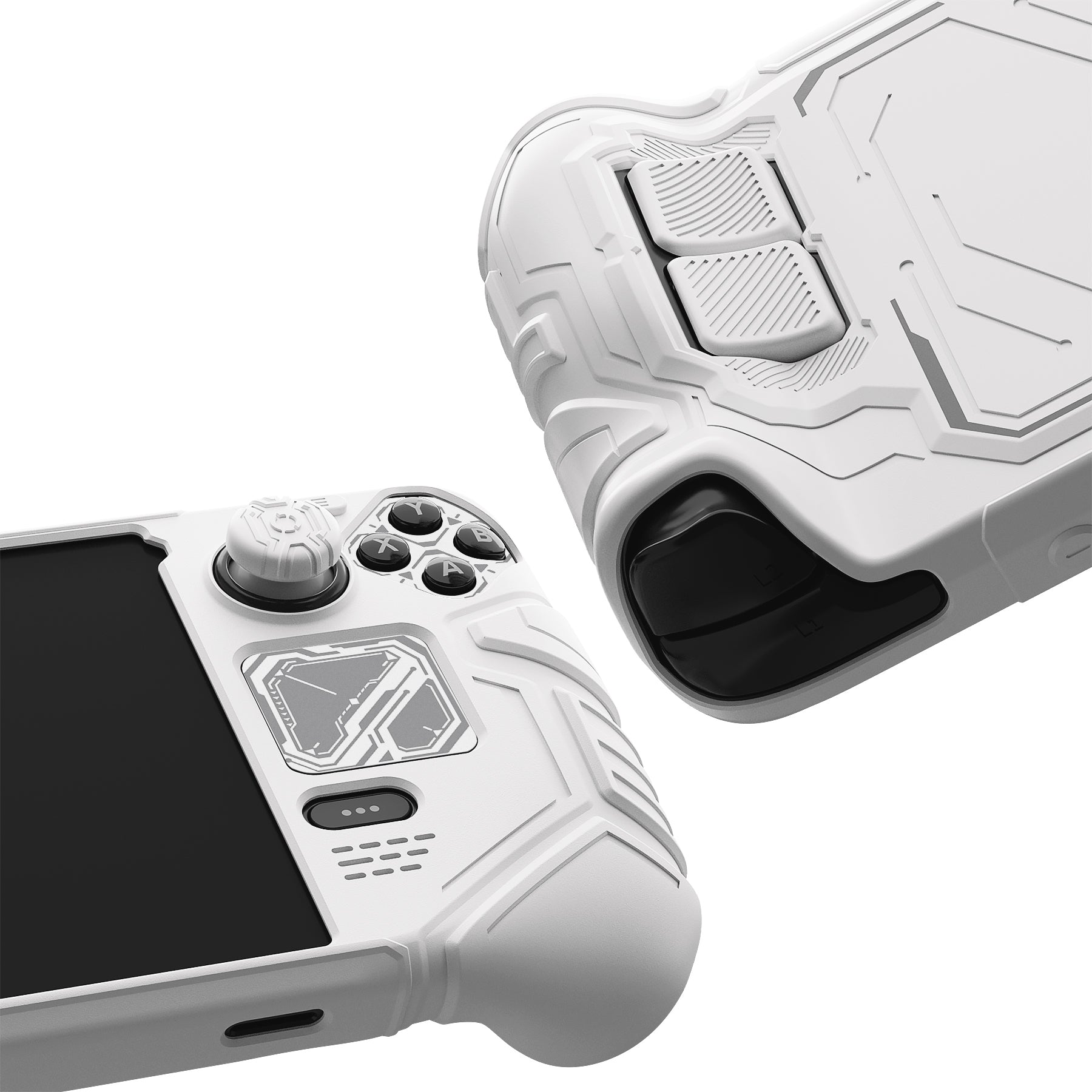 PlayVital Mecha Protective Case with Back Button Enhancement Set & Thumb Grips & Stickers for Steam Deck OLED & LCD - White PlayVital