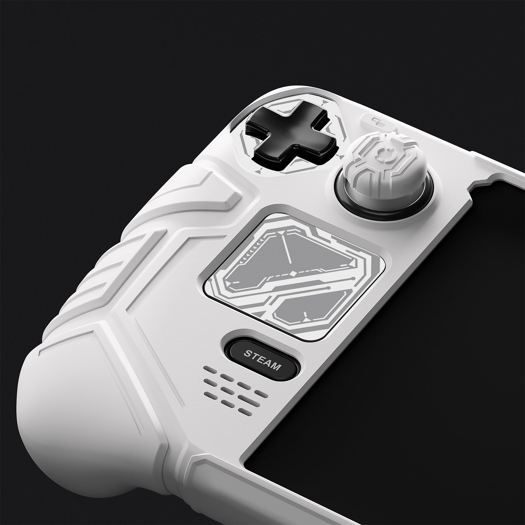 PlayVital Mecha Protective Case with Back Button Enhancement Set & Thumb Grips & Stickers for Steam Deck OLED & LCD - White PlayVital