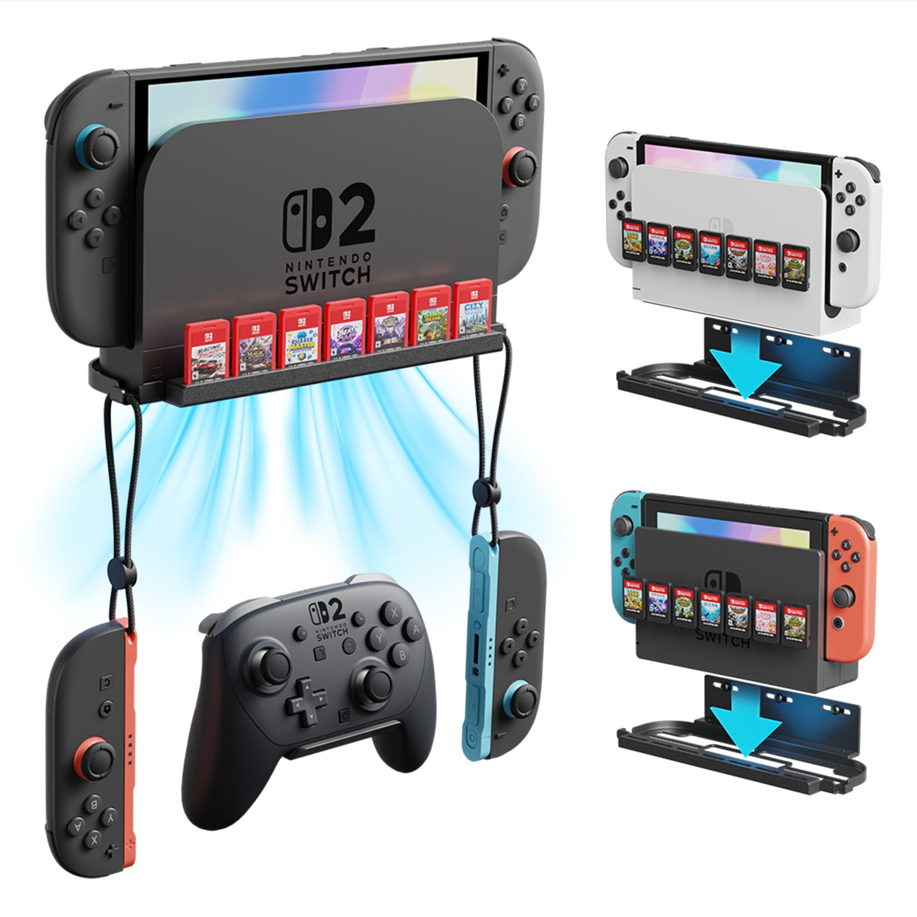 PlayVital Metal Wall Mount Stand with 7 Game Card Slots & 2 Foldable Controller Holders for Nintendo Switch 2, Switch & Switch OLED - Black PlayVital