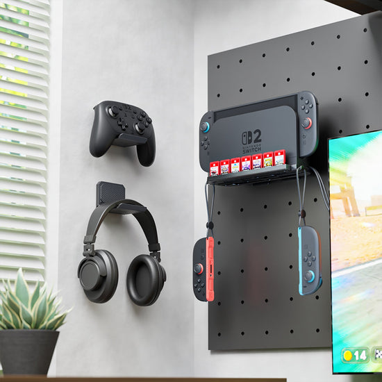 PlayVital Metal Wall Mount Stand with 7 Game Card Slots & 2 Foldable Controller Holders for Nintendo Switch 2, Switch & Switch OLED - Black PlayVital