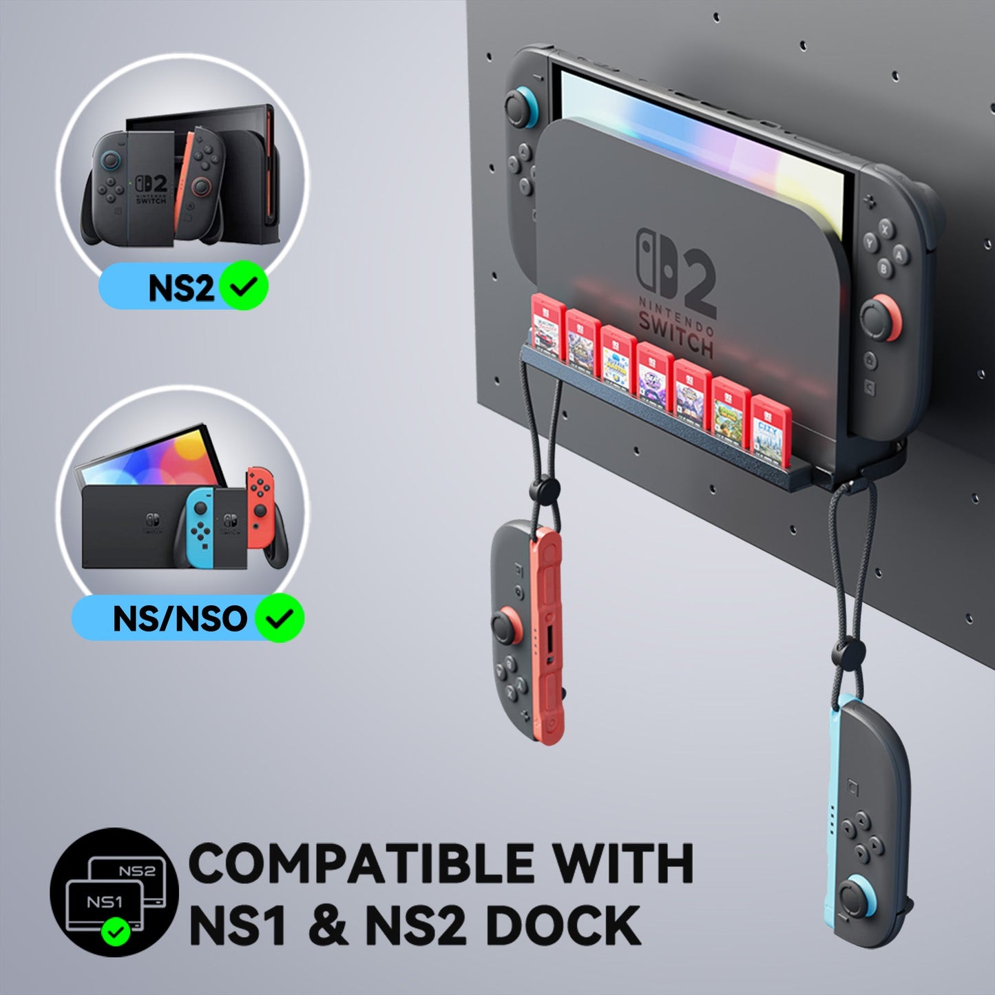 PlayVital Metal Wall Mount Stand with 7 Game Card Slots & 2 Foldable Controller Holders for Nintendo Switch 2, Switch & Switch OLED - Black PlayVital
