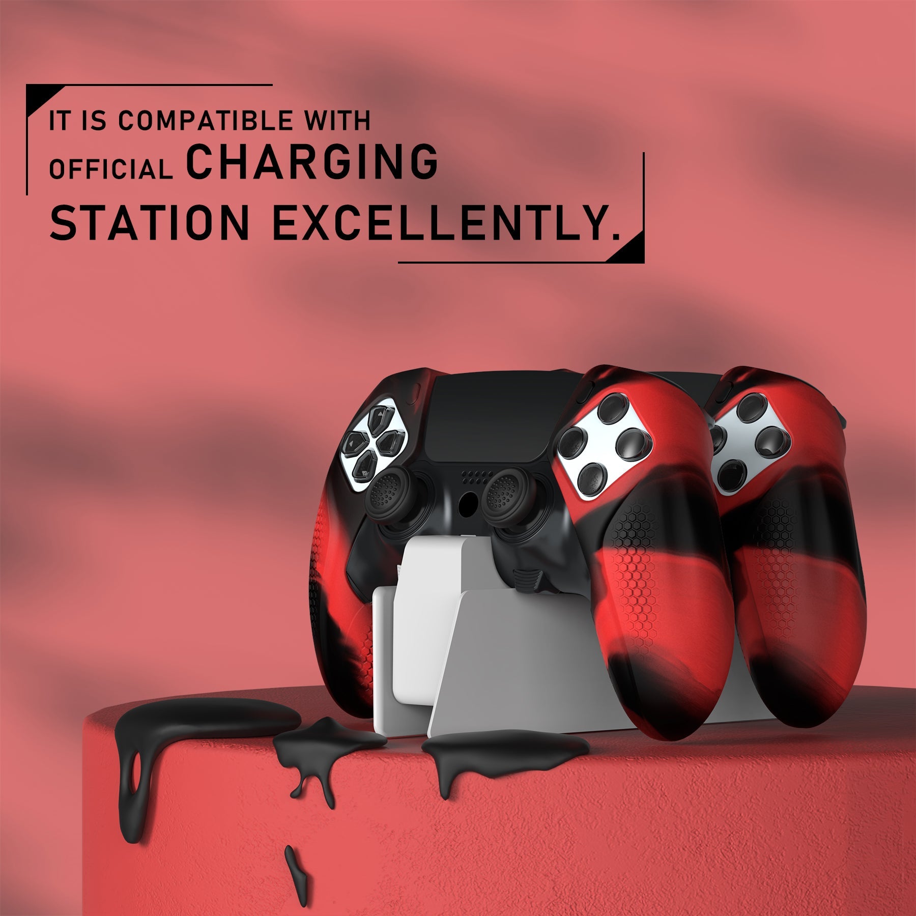 PlayVital Ninja Edition Anti-Slip Half-Covered Silicone Cover Skin with Thumb Grip Caps for PS5 Edge Controller - Red & Black PlayVital