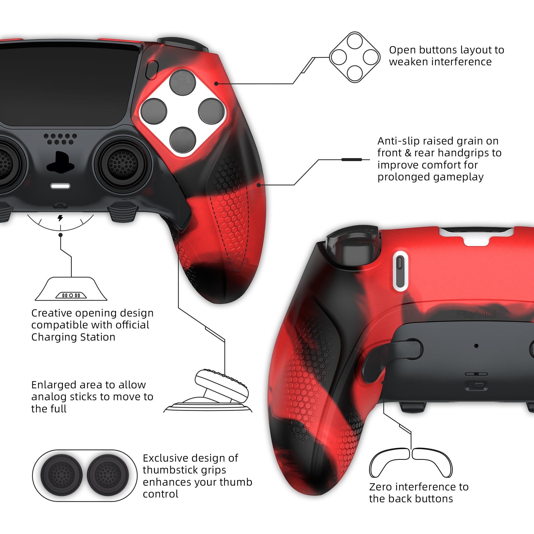 PlayVital Ninja Edition Anti-Slip Half-Covered Silicone Cover Skin with Thumb Grip Caps for PS5 Edge Controller - Red & Black PlayVital