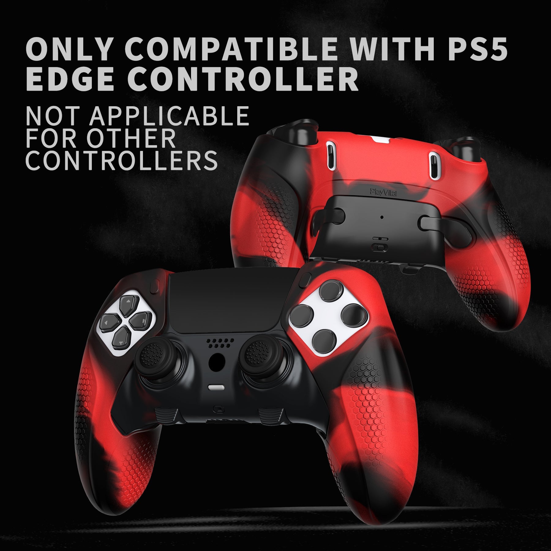 PlayVital Ninja Edition Anti-Slip Half-Covered Silicone Cover Skin with Thumb Grip Caps for PS5 Edge Controller - Red & Black PlayVital
