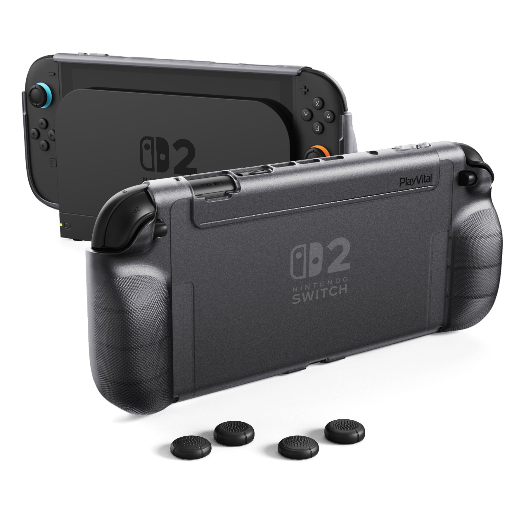PlayVital PURE Grip Case for Nintendo Switch 2, Shockproof TPU Protective Cover Ergonomic Anti-Slip Grips Design & Thumbstick Caps - Clear Black PlayVital
