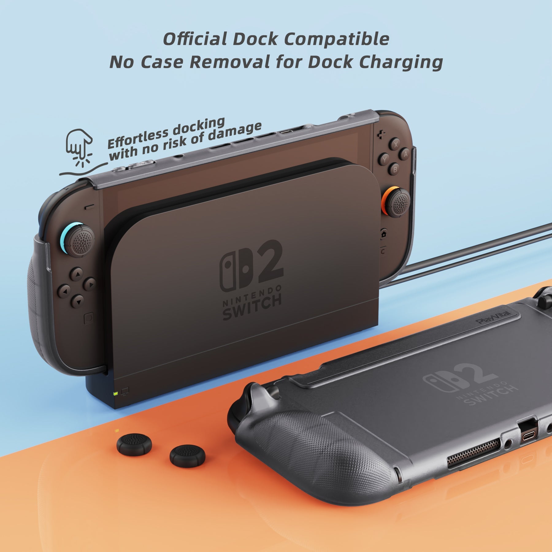 PlayVital PURE Grip Case for Nintendo Switch 2, Shockproof TPU Protective Cover Ergonomic Anti-Slip Grips Design & Thumbstick Caps - Clear Black PlayVital