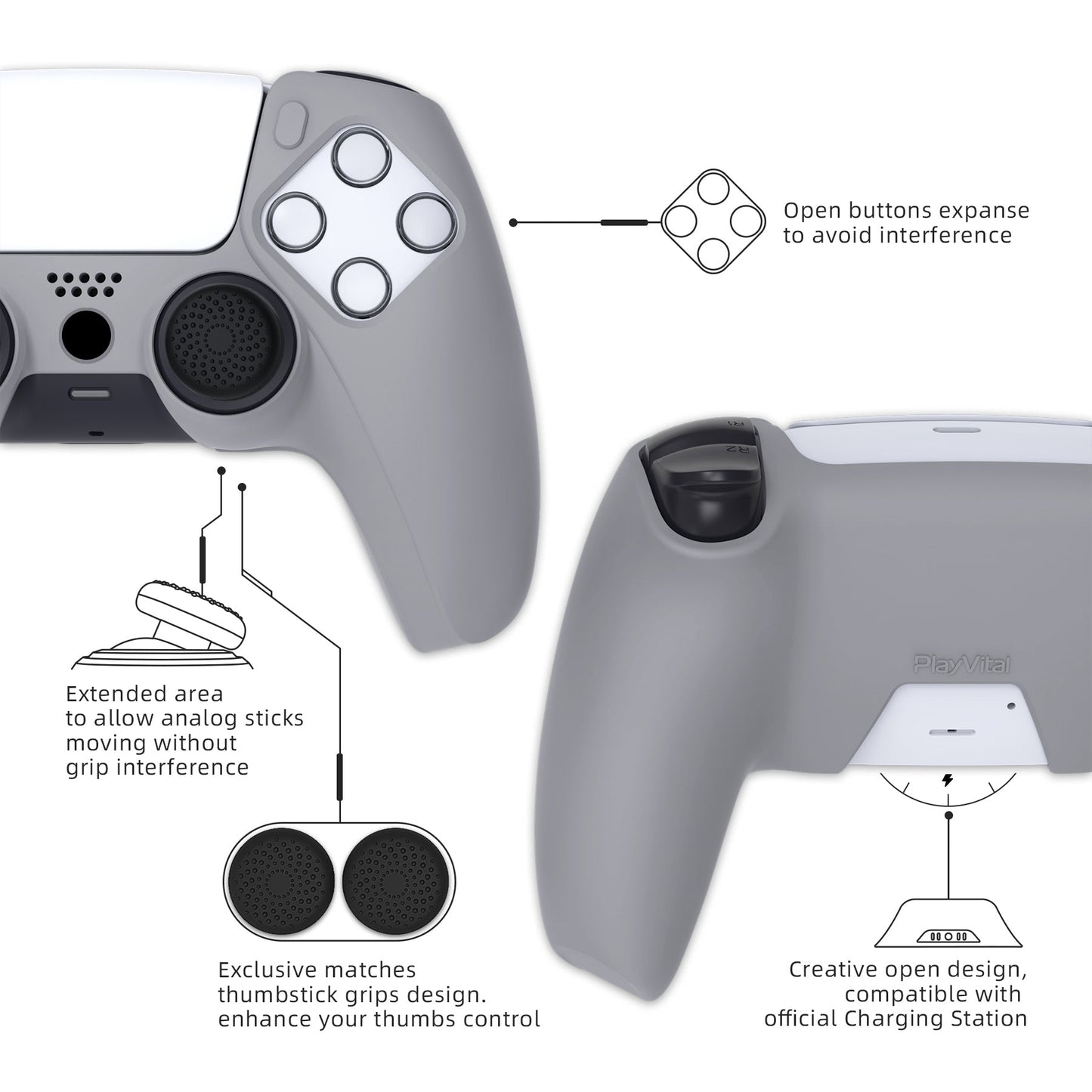 PlayVital Pure Series Dockable Model Anti-Slip Silicone Cover Skin with Thumb Grip Caps for PS5 Wireless Controller - Compatible with Charging Station - Gray PlayVital