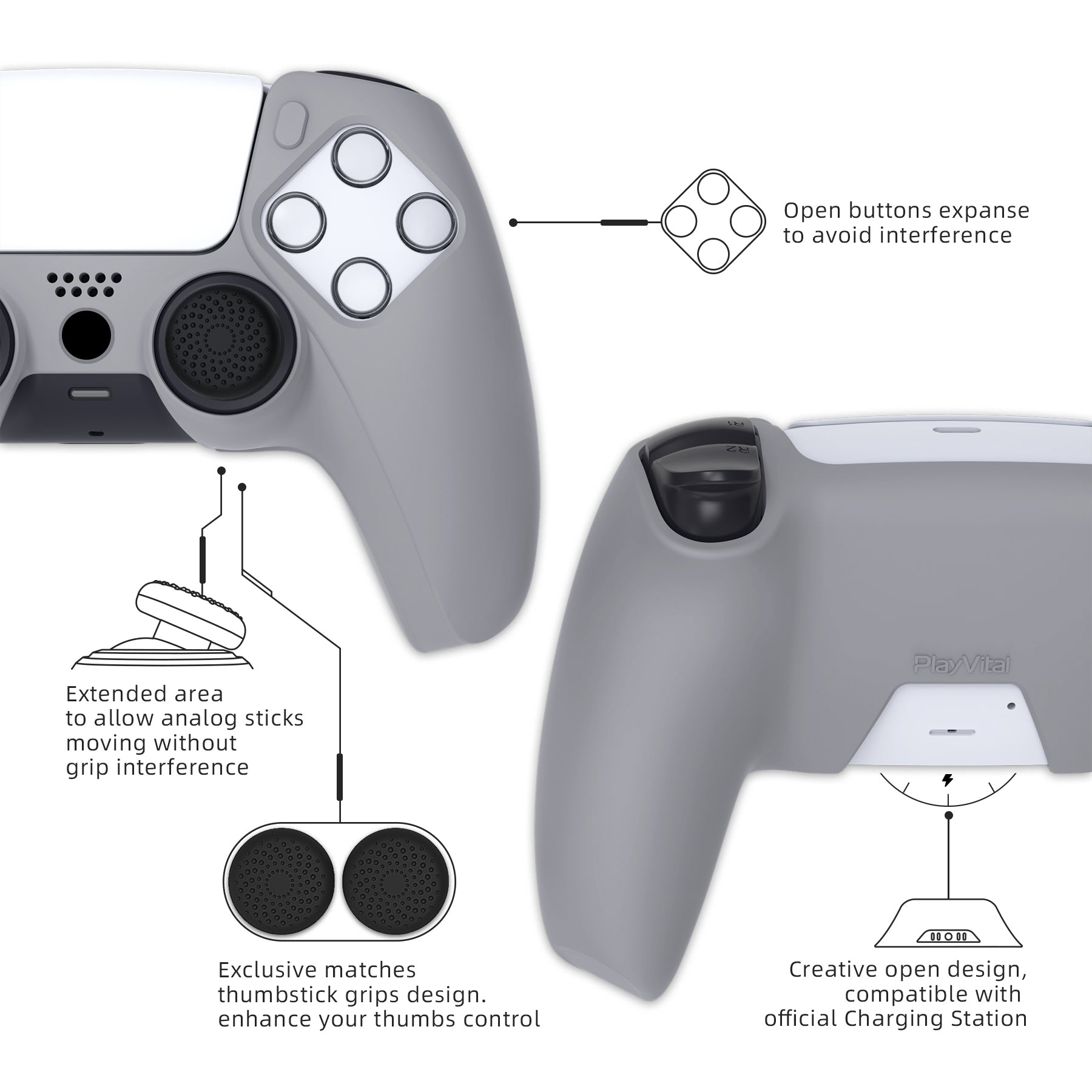 PlayVital Pure Series Dockable Model Anti-Slip Silicone Cover Skin with Thumb Grip Caps for PS5 Wireless Controller - Compatible with Charging Station - Gray PlayVital