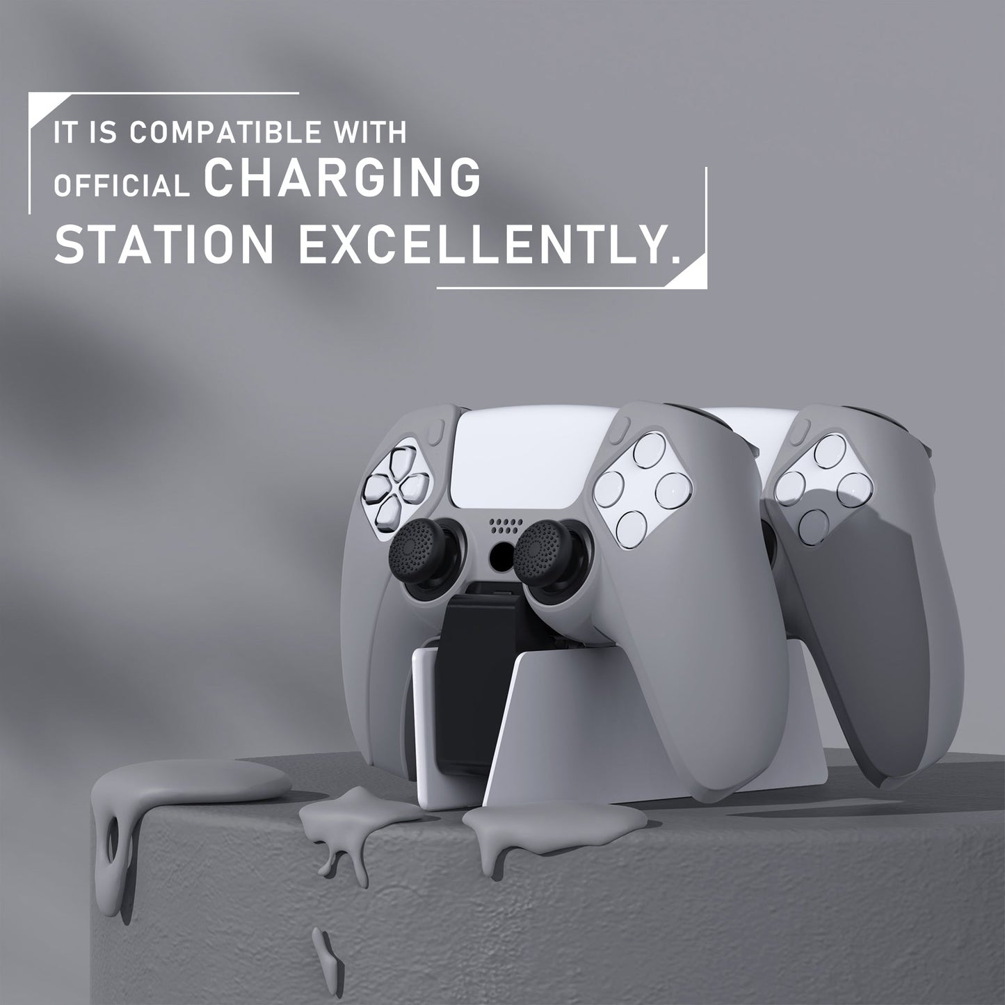PlayVital Pure Series Dockable Model Anti-Slip Silicone Cover Skin with Thumb Grip Caps for PS5 Wireless Controller - Compatible with Charging Station - Gray PlayVital