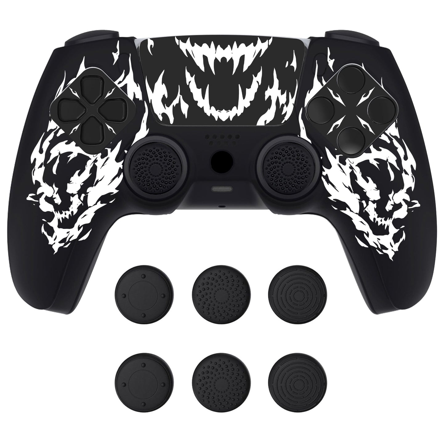 PlayVital Pure Series Silicone Controller Grip Case for PS5 Controller with 6 Thumb Grip & Sticker,  Anti-Slip Skin Cover for PS5 Controller Fit with Charging Station - Carving Fire Skull PlayVital