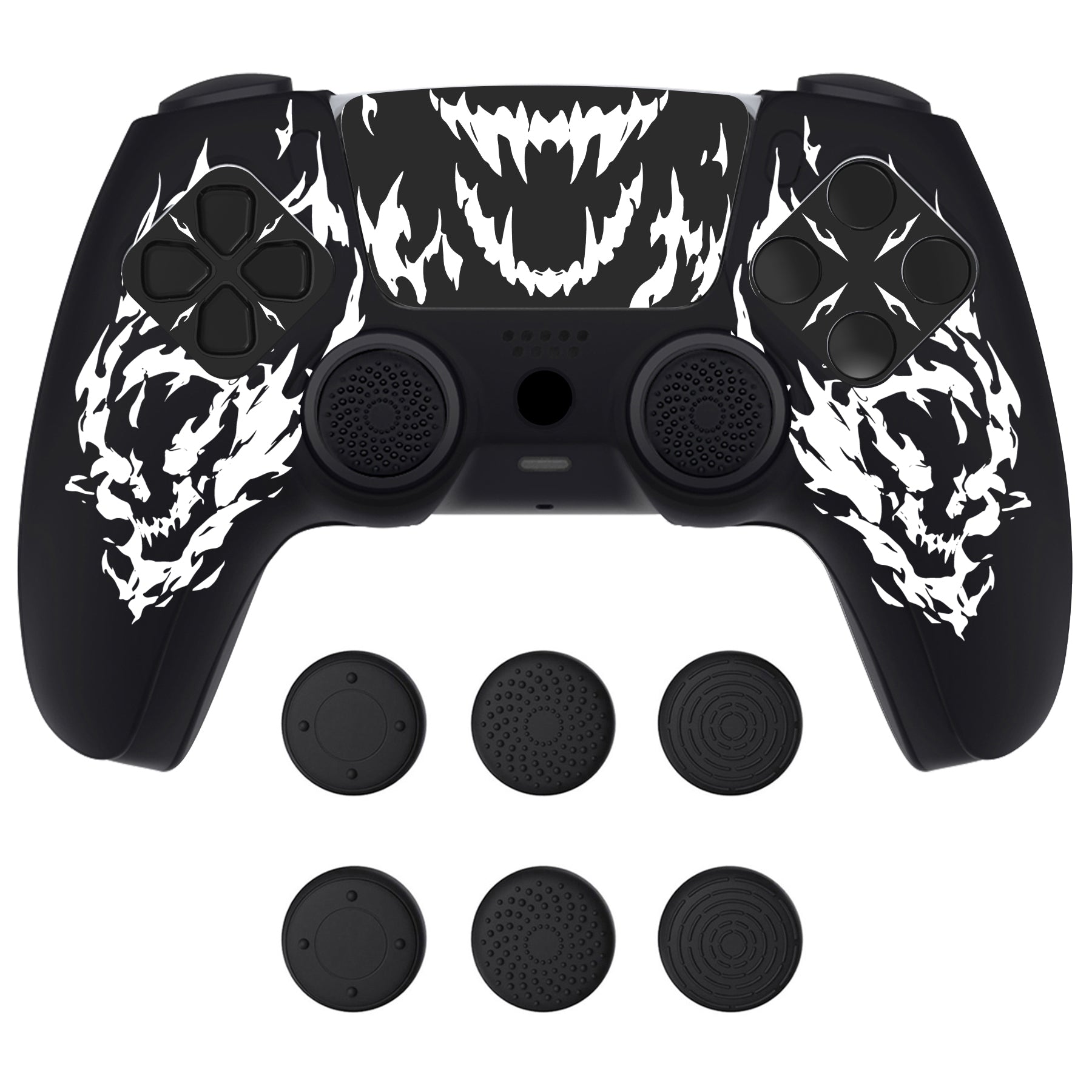 PlayVital Pure Series Silicone Controller Grip Case for PS5 Controller with 6 Thumb Grip & Sticker,  Anti-Slip Skin Cover for PS5 Controller Fit with Charging Station - Carving Fire Skull PlayVital