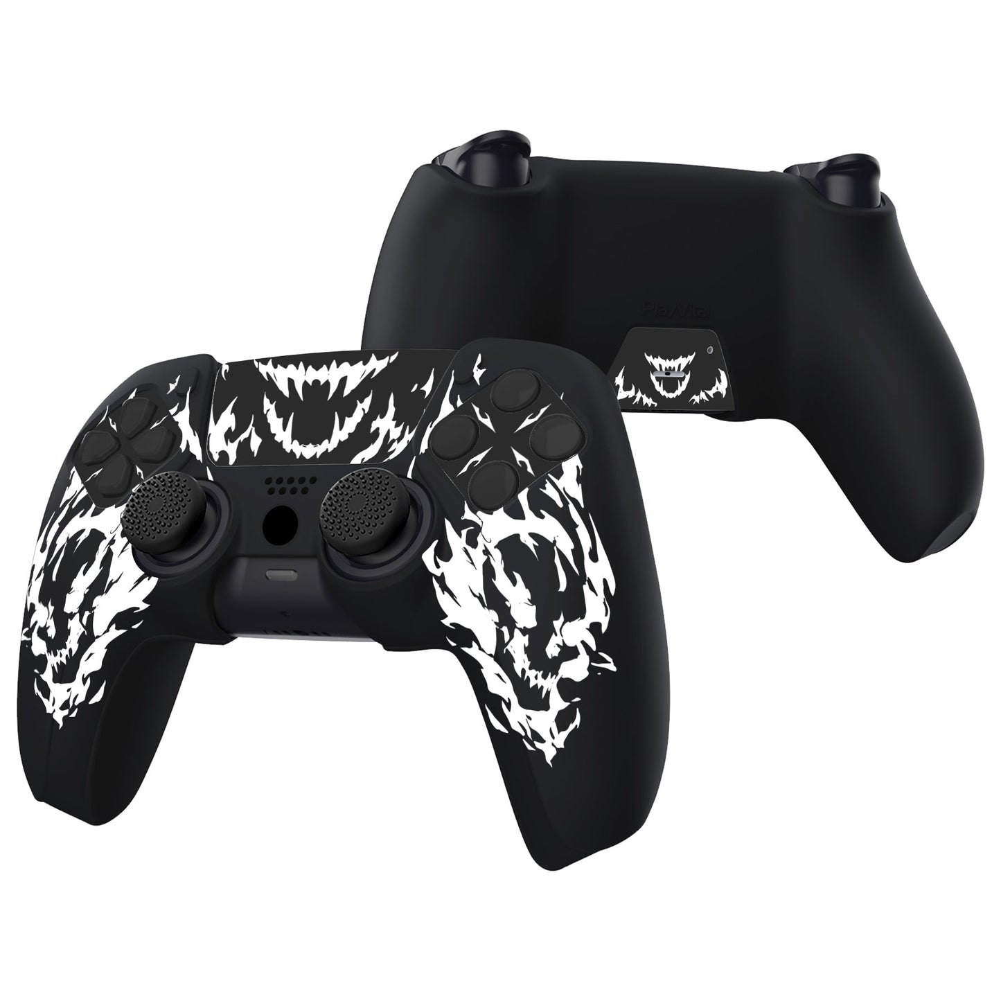 PlayVital Pure Series Silicone Controller Grip Case for PS5 Controller with 6 Thumb Grip & Sticker,  Anti-Slip Skin Cover for PS5 Controller Fit with Charging Station - Carving Fire Skull PlayVital