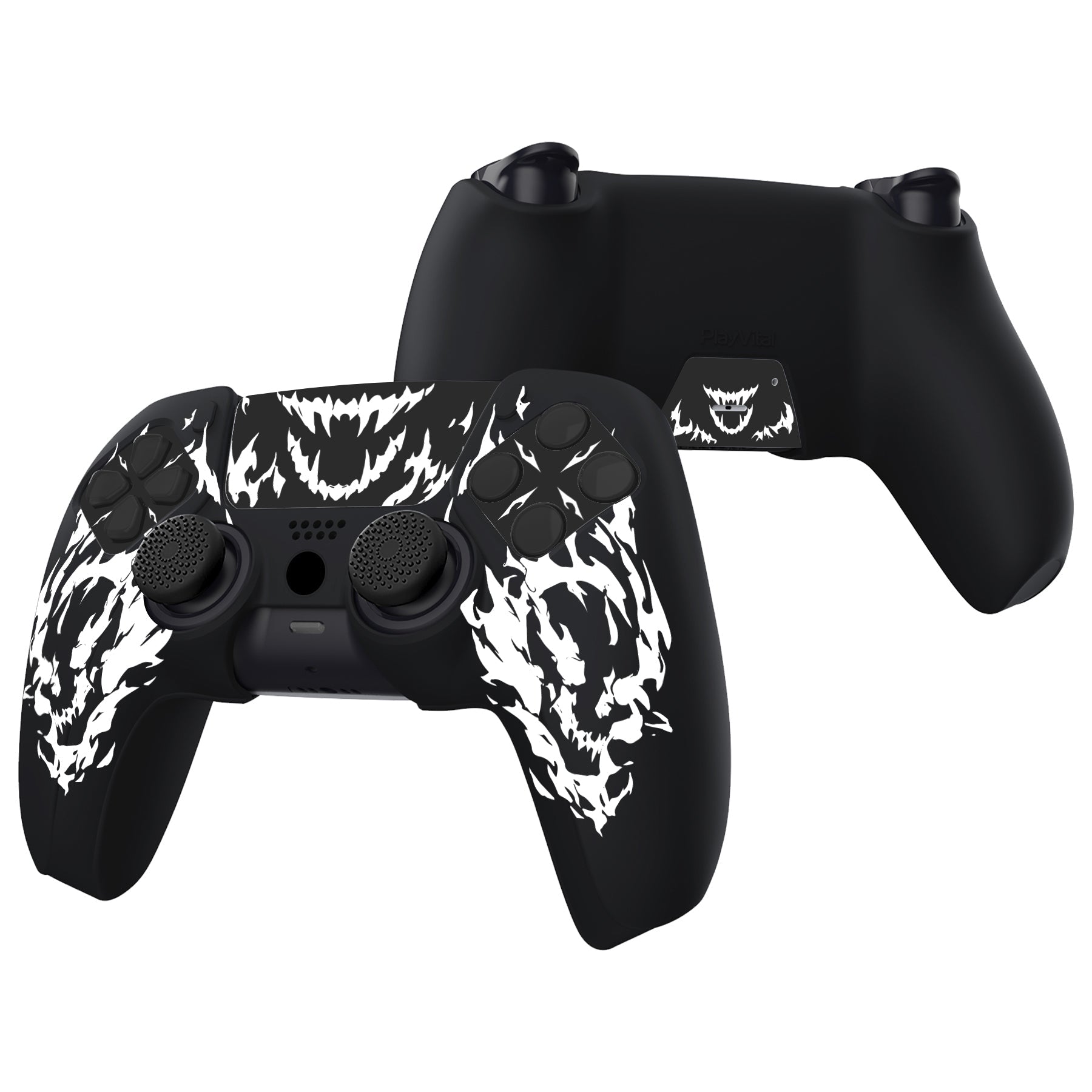 PlayVital Pure Series Silicone Controller Grip Case for PS5 Controller with 6 Thumb Grip & Sticker,  Anti-Slip Skin Cover for PS5 Controller Fit with Charging Station - Carving Fire Skull PlayVital