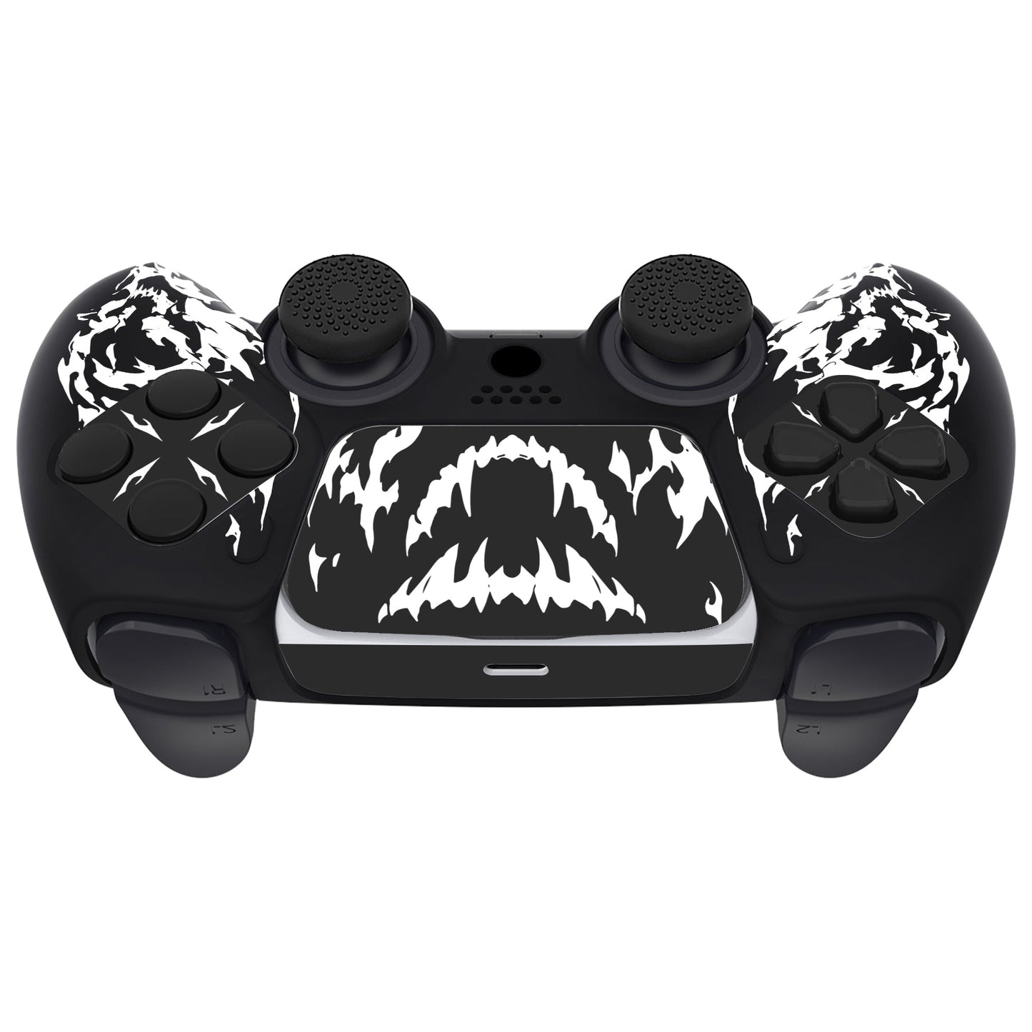 PlayVital Pure Series Silicone Controller Grip Case for PS5 Controller with 6 Thumb Grip & Sticker,  Anti-Slip Skin Cover for PS5 Controller Fit with Charging Station - Carving Fire Skull PlayVital