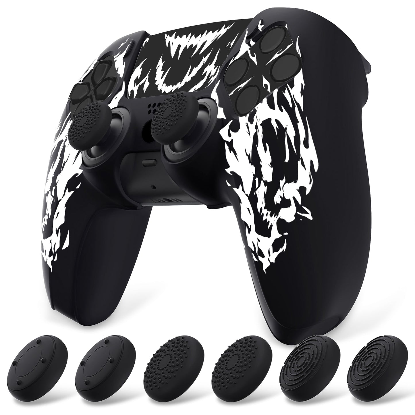 PlayVital Pure Series Silicone Controller Grip Case for PS5 Controller with 6 Thumb Grip & Sticker,  Anti-Slip Skin Cover for PS5 Controller Fit with Charging Station - Carving Fire Skull PlayVital