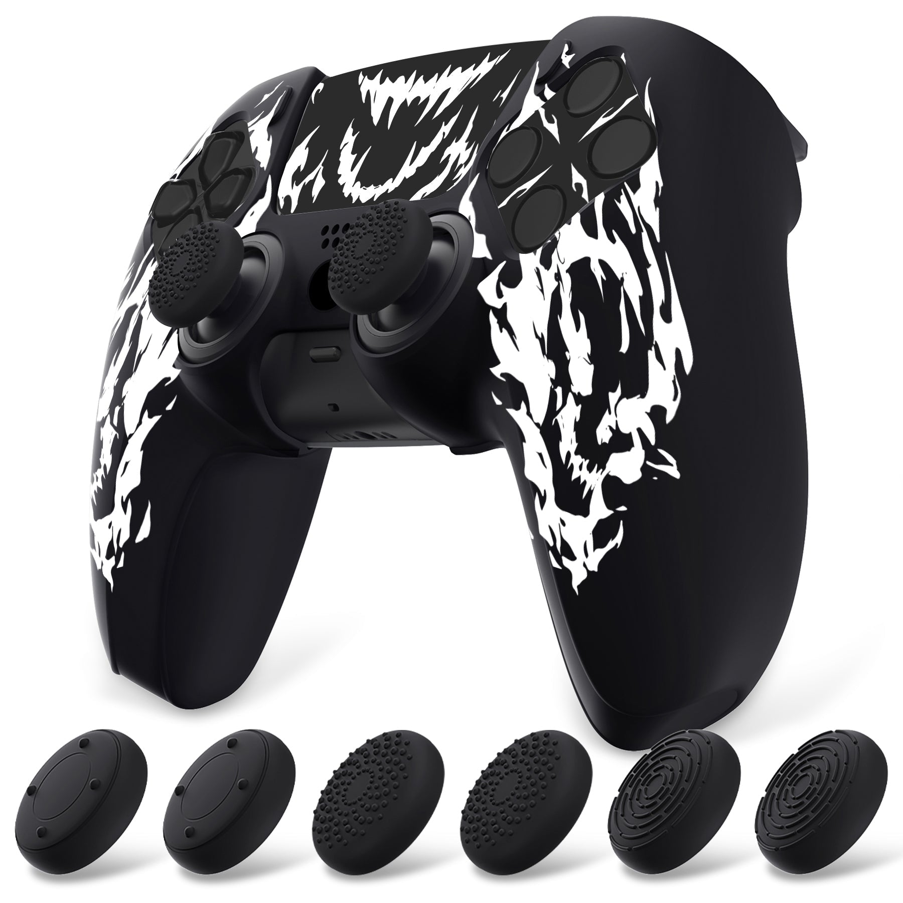 PlayVital Pure Series Silicone Controller Grip Case for PS5 Controller with 6 Thumb Grip & Sticker,  Anti-Slip Skin Cover for PS5 Controller Fit with Charging Station - Carving Fire Skull PlayVital