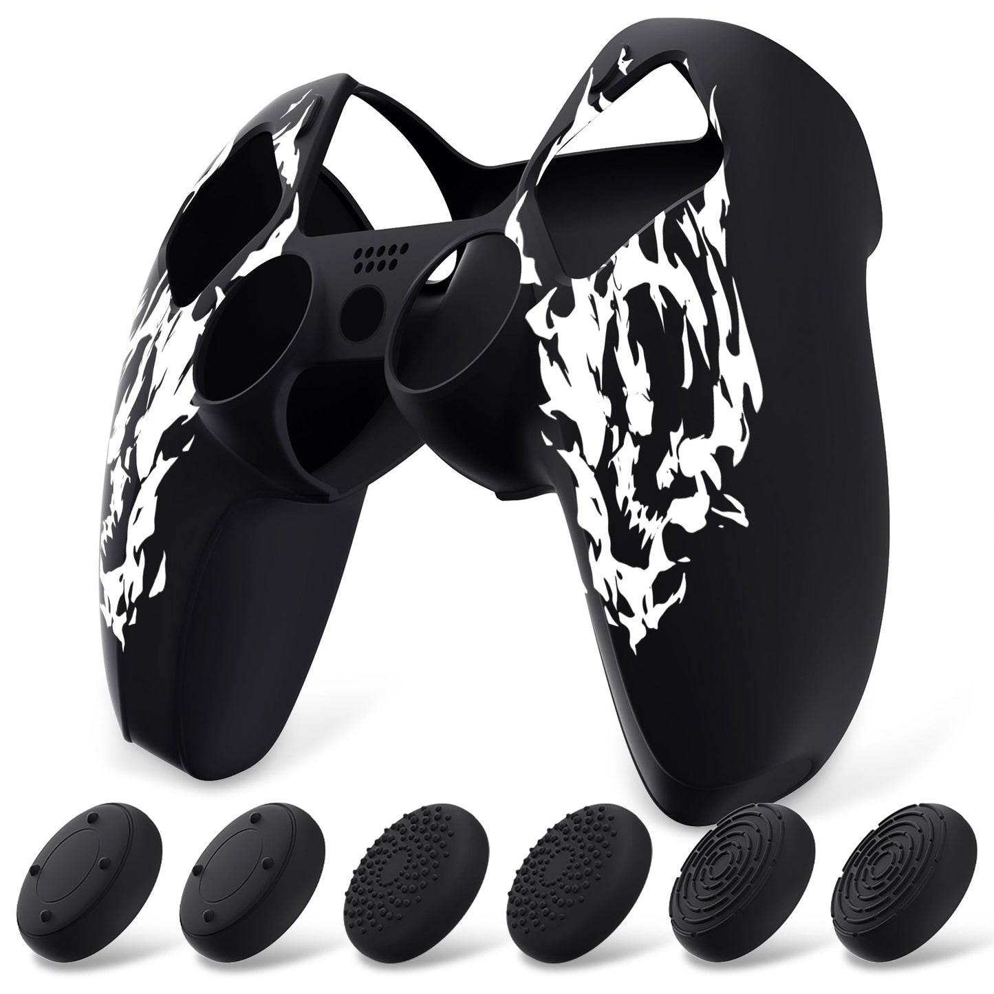 PlayVital Pure Series Silicone Controller Grip Case for PS5 Controller with 6 Thumb Grip & Sticker,  Anti-Slip Skin Cover for PS5 Controller Fit with Charging Station - Carving Fire Skull PlayVital