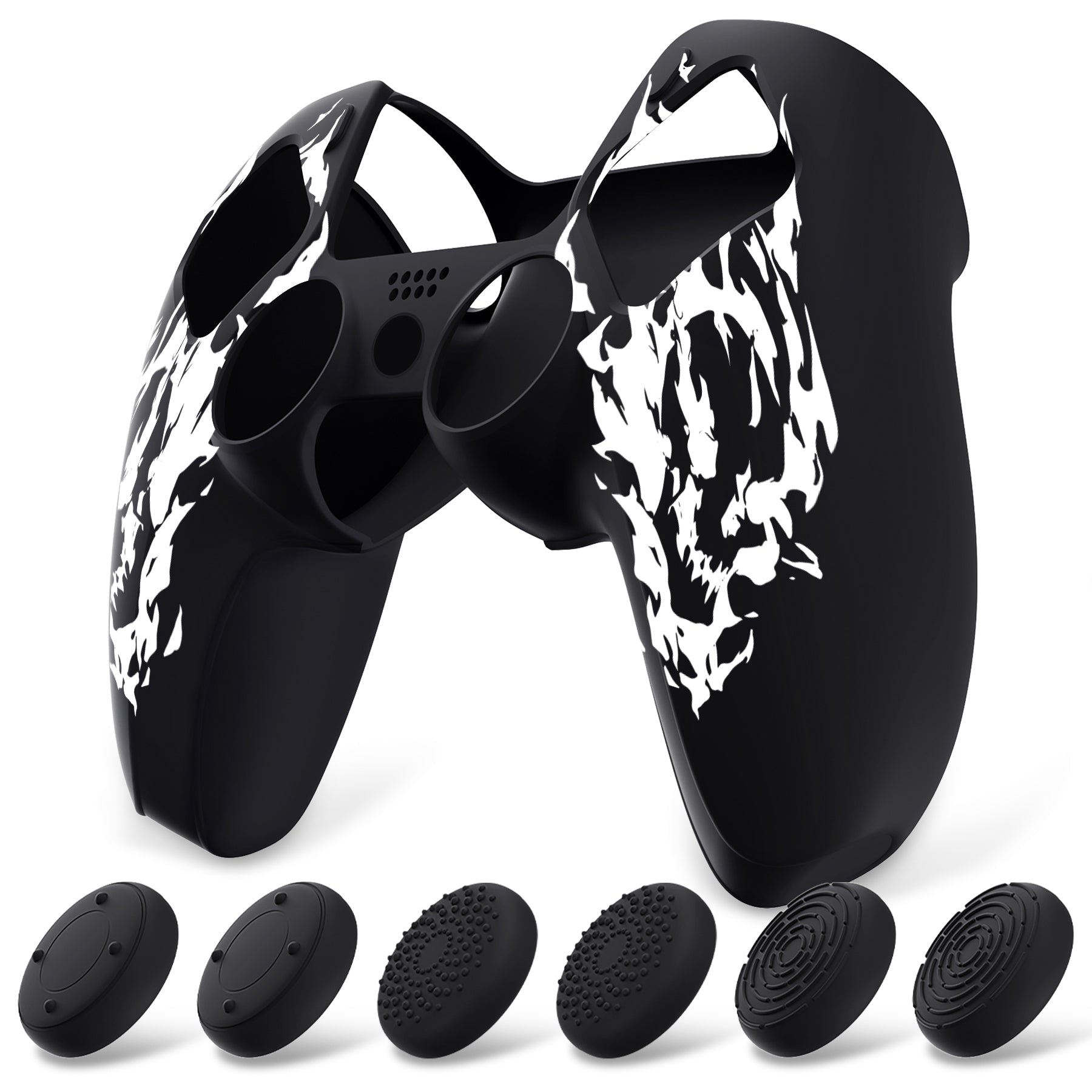PlayVital Pure Series Silicone Controller Grip Case for PS5 Controller with 6 Thumb Grip & Sticker,  Anti-Slip Skin Cover for PS5 Controller Fit with Charging Station - Carving Fire Skull PlayVital