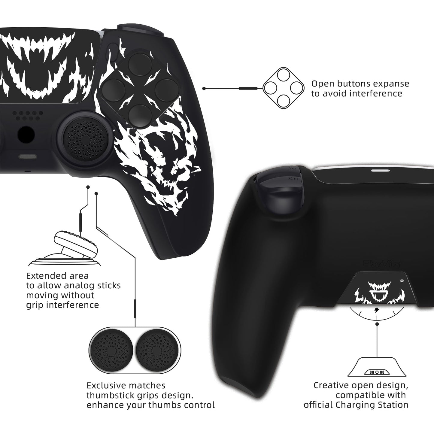 PlayVital Pure Series Silicone Controller Grip Case for PS5 Controller with 6 Thumb Grip & Sticker,  Anti-Slip Skin Cover for PS5 Controller Fit with Charging Station - Carving Fire Skull PlayVital