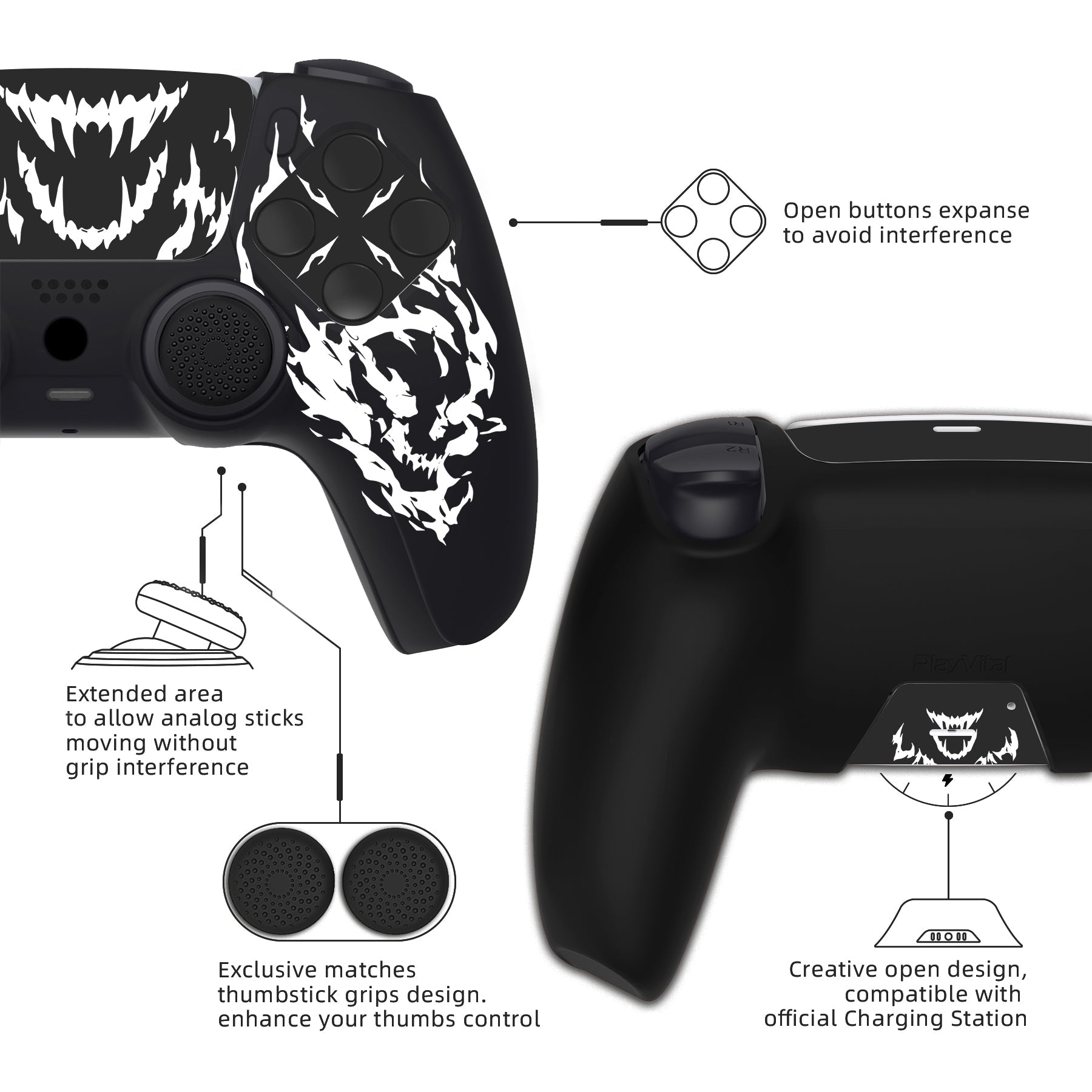 PlayVital Pure Series Silicone Controller Grip Case for PS5 Controller with 6 Thumb Grip & Sticker,  Anti-Slip Skin Cover for PS5 Controller Fit with Charging Station - Carving Fire Skull PlayVital