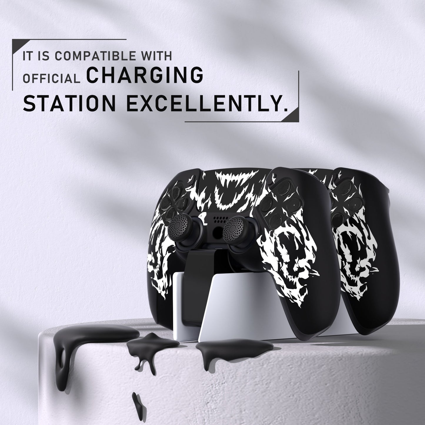 PlayVital Pure Series Silicone Controller Grip Case for PS5 Controller with 6 Thumb Grip & Sticker,  Anti-Slip Skin Cover for PS5 Controller Fit with Charging Station - Carving Fire Skull PlayVital