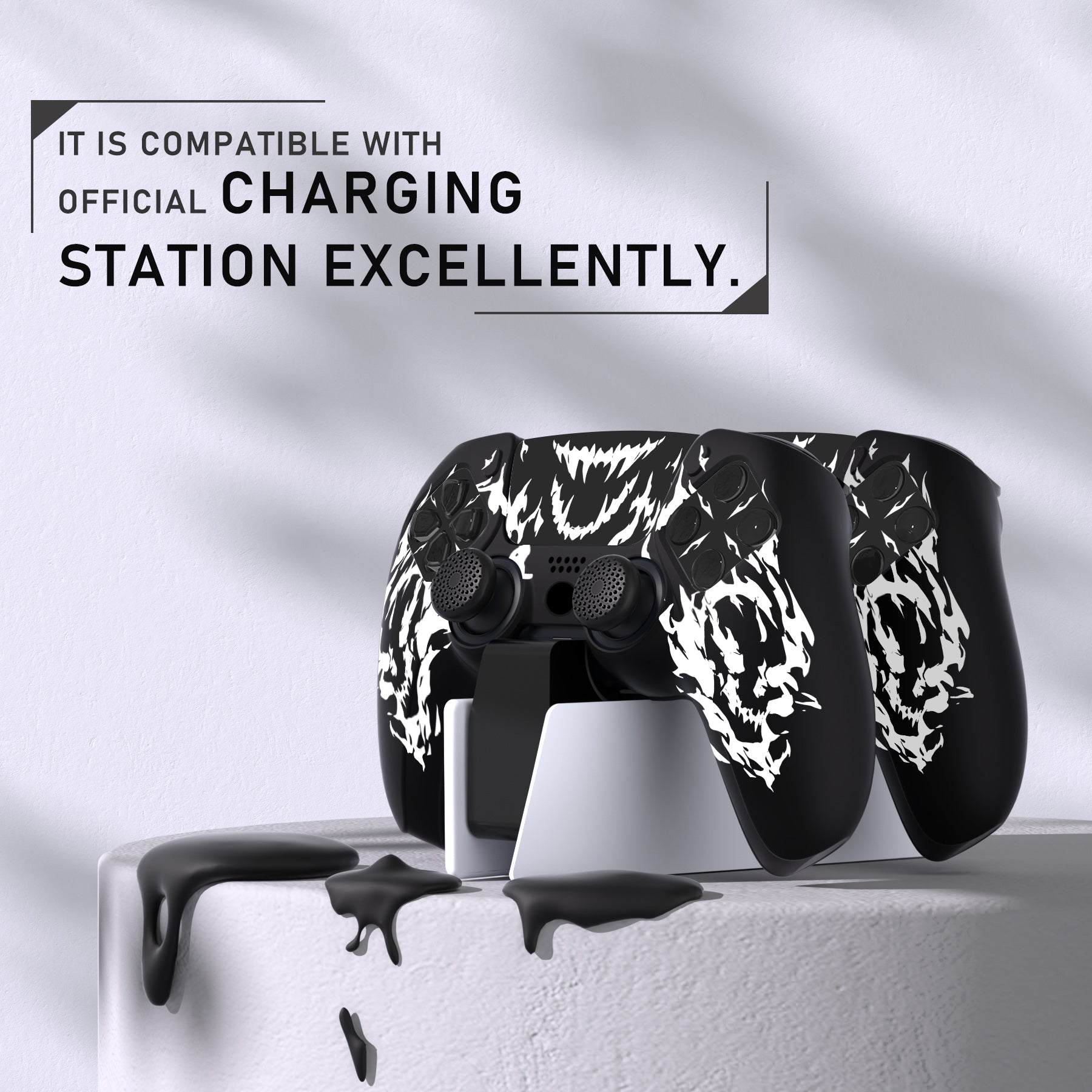 PlayVital Pure Series Silicone Controller Grip Case for PS5 Controller with 6 Thumb Grip & Sticker,  Anti-Slip Skin Cover for PS5 Controller Fit with Charging Station - Carving Fire Skull PlayVital