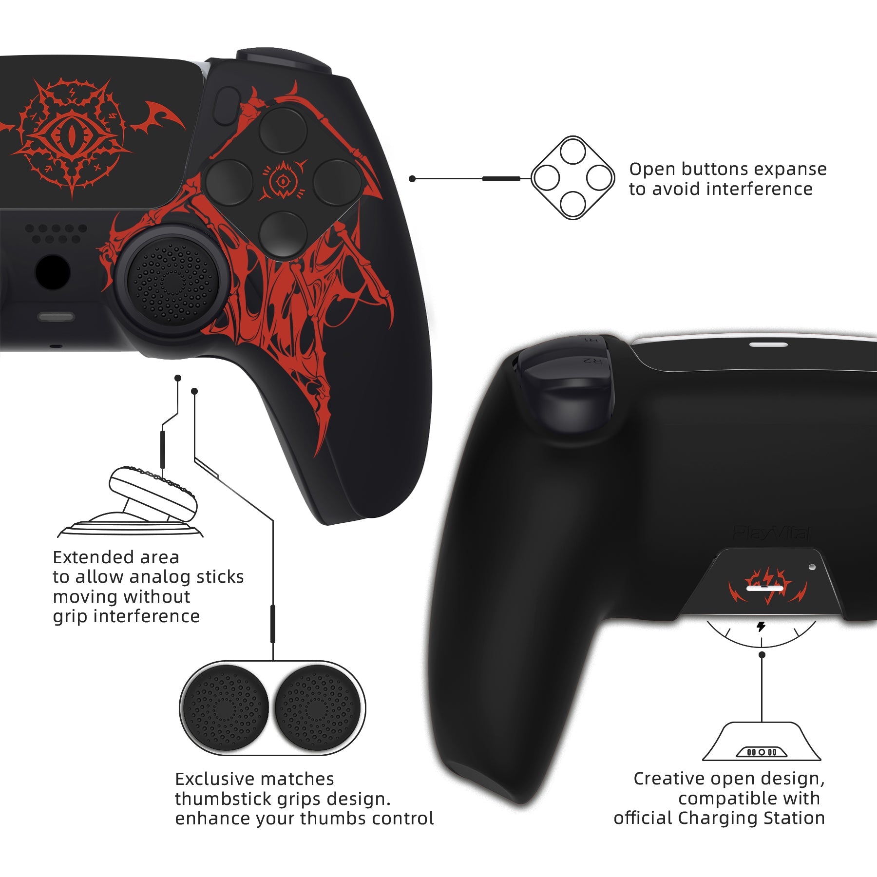 PlayVital Pure Series Silicone Controller Grip Case for PS5 Controller with 6 Thumb Grip & Sticker,  Anti-Slip Skin Cover for PS5 Controller Fit with Charging Station - Wings Sigil Red PlayVital