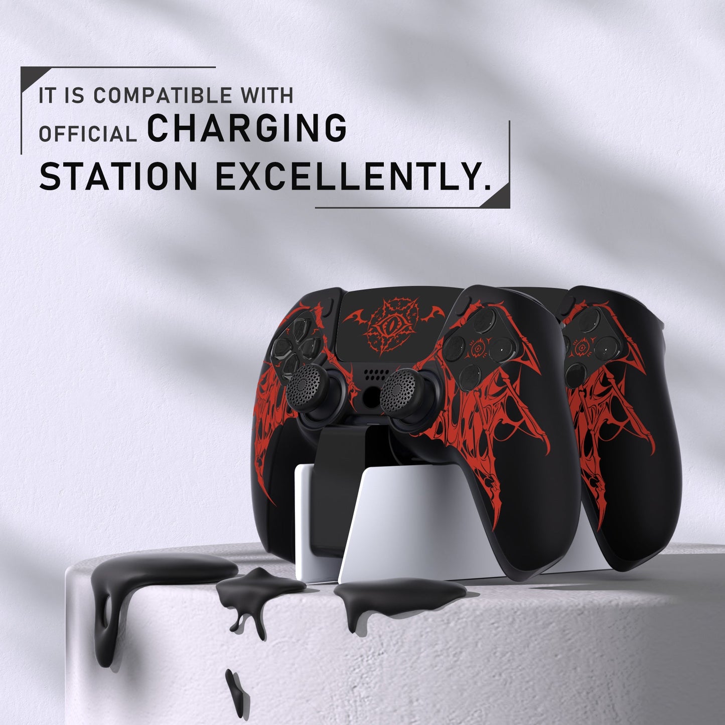 PlayVital Pure Series Silicone Controller Grip Case for PS5 Controller with 6 Thumb Grip & Sticker,  Anti-Slip Skin Cover for PS5 Controller Fit with Charging Station - Wings Sigil Red PlayVital