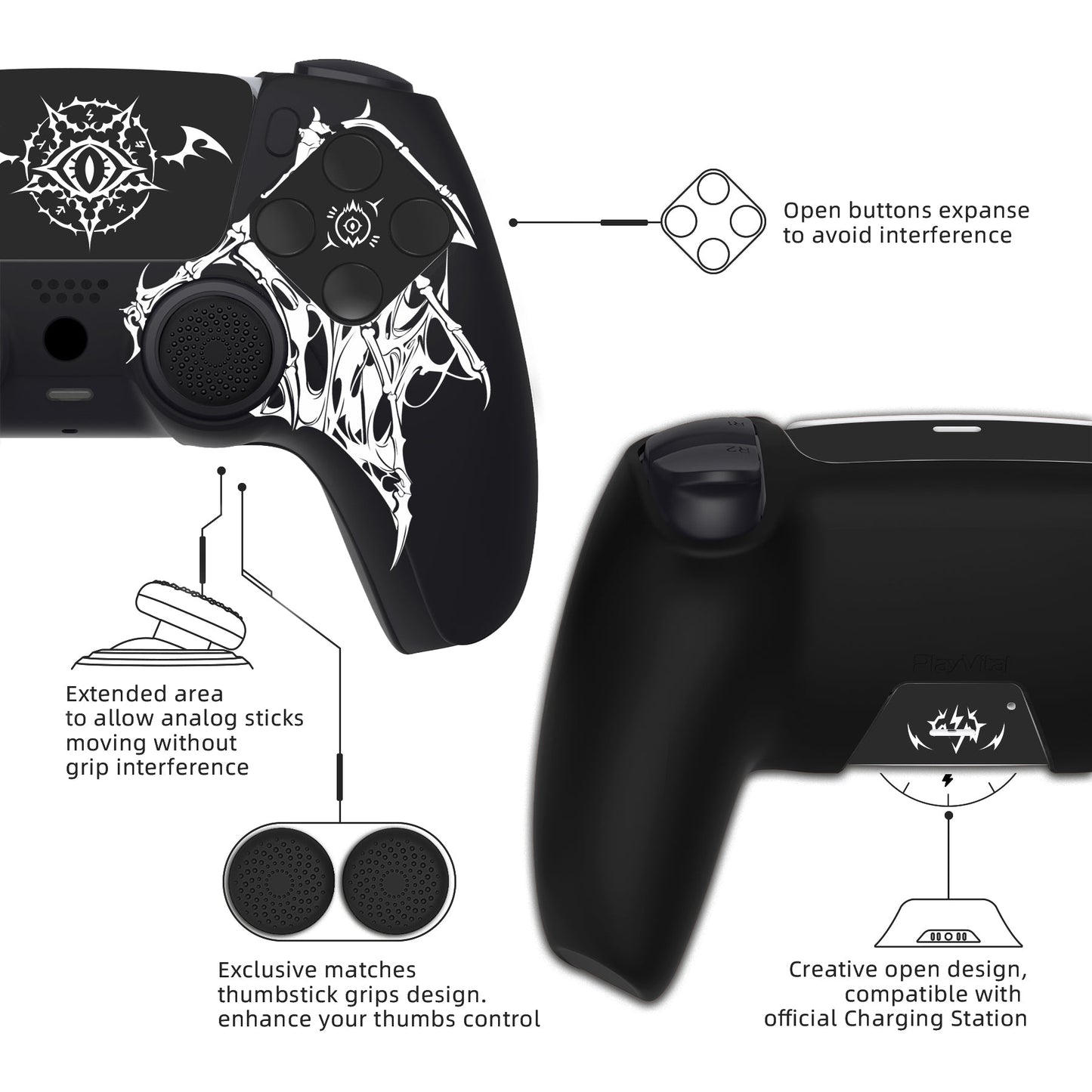 PlayVital Pure Series Silicone Controller Grip Case for PS5 Controller with 6 Thumb Grip & Sticker,  Anti-Slip Skin Cover for PS5 Controller Fit with Charging Station - Wings Sigil White PlayVital
