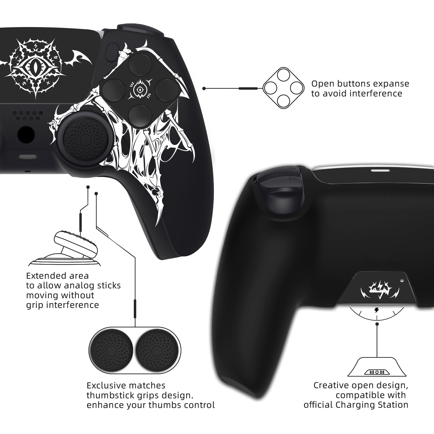 PlayVital Pure Series Silicone Controller Grip Case for PS5 Controller with 6 Thumb Grip & Sticker,  Anti-Slip Skin Cover for PS5 Controller Fit with Charging Station - Wings Sigil White PlayVital