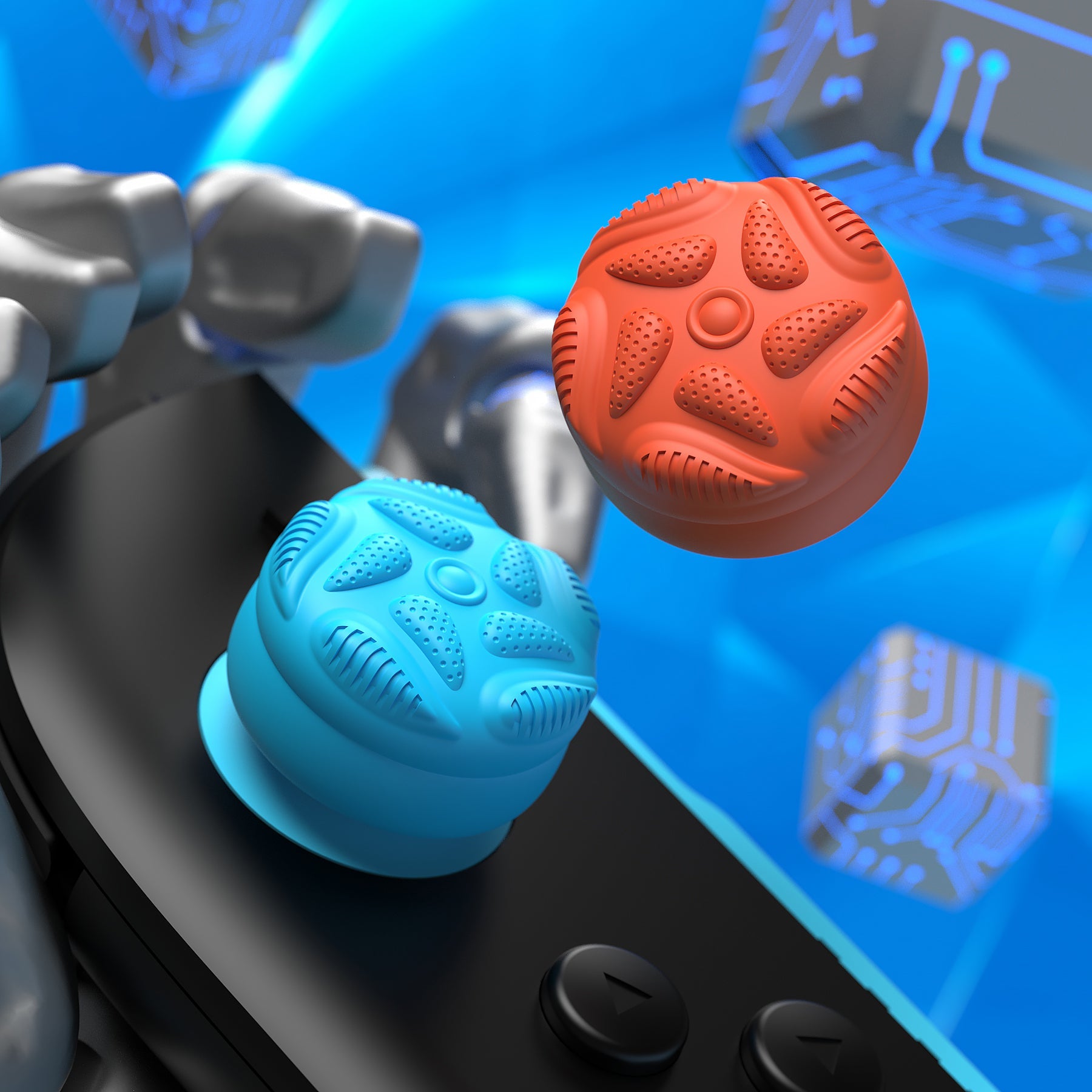 PlayVital Raindrop Texture Design Thumbs Cushion Caps Thumb Grips (4-Pack) for Switch 2, Anti-Slip Raindrop Texture Design Silicone Joystick Grip Cover for Nintendo Switch 2 Joycon - Blue & Orange PlayVital