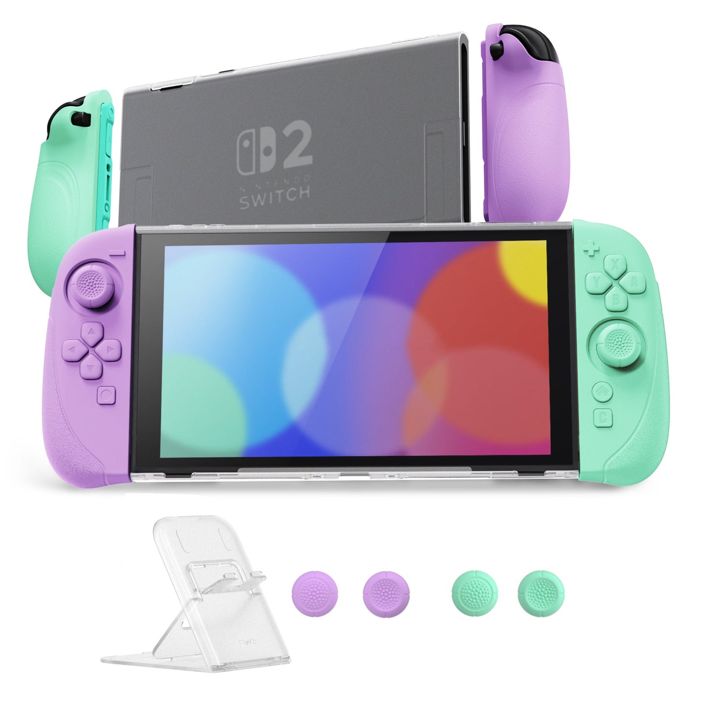 PlayVital Ranger Silicone Grip with Hard Console Cover for Nintendo Switch 2, Protective Case with Folding Stand & Thumb Grips Caps for Nintendo Switch 2 (2025) - Soft Violet & Mint Green PlayVital