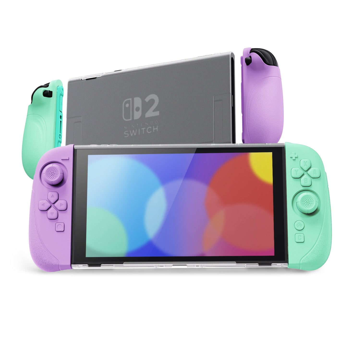 PlayVital Ranger Silicone Grip with Hard Console Cover for Nintendo Switch 2, Protective Case with Folding Stand & Thumb Grips Caps for Nintendo Switch 2 (2025) - Soft Violet & Mint Green PlayVital