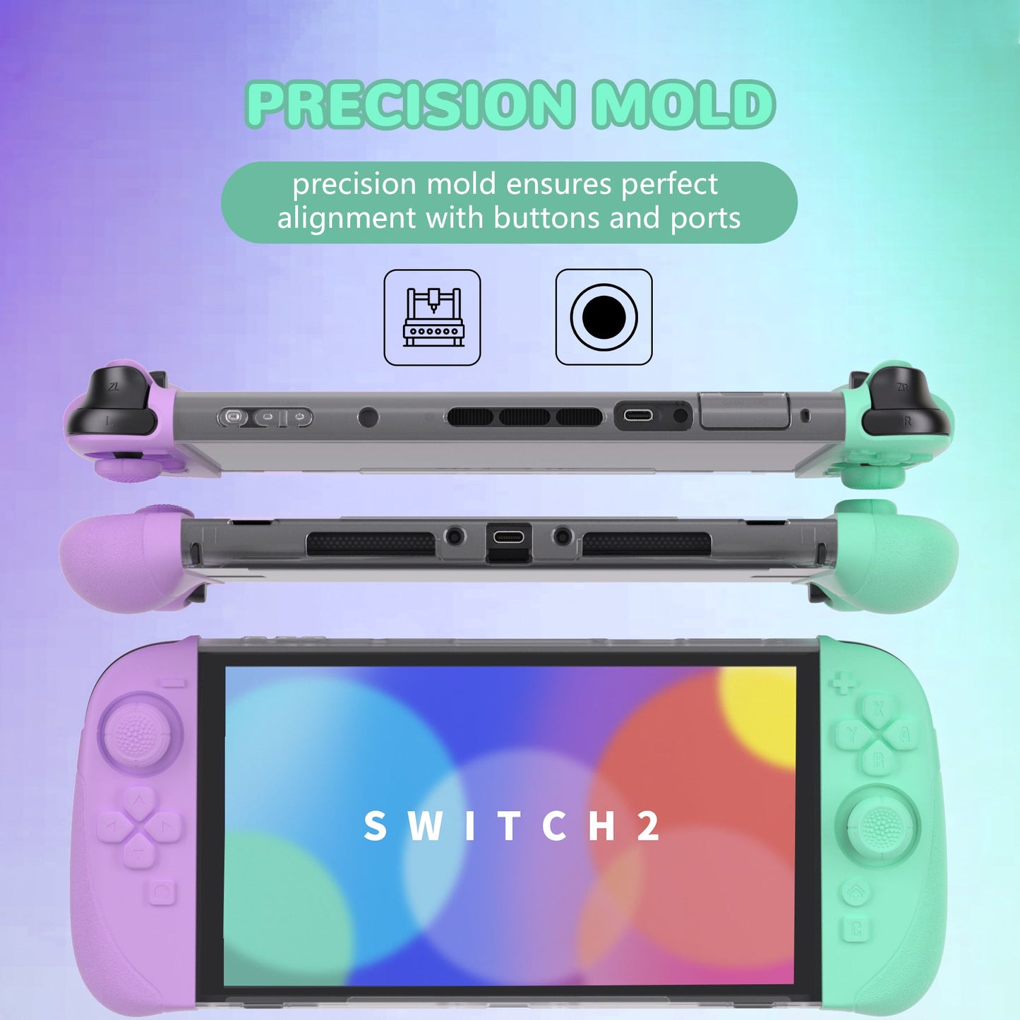 PlayVital Ranger Silicone Grip with Hard Console Cover for Nintendo Switch 2, Protective Case with Folding Stand & Thumb Grips Caps for Nintendo Switch 2 (2025) - Soft Violet & Mint Green PlayVital