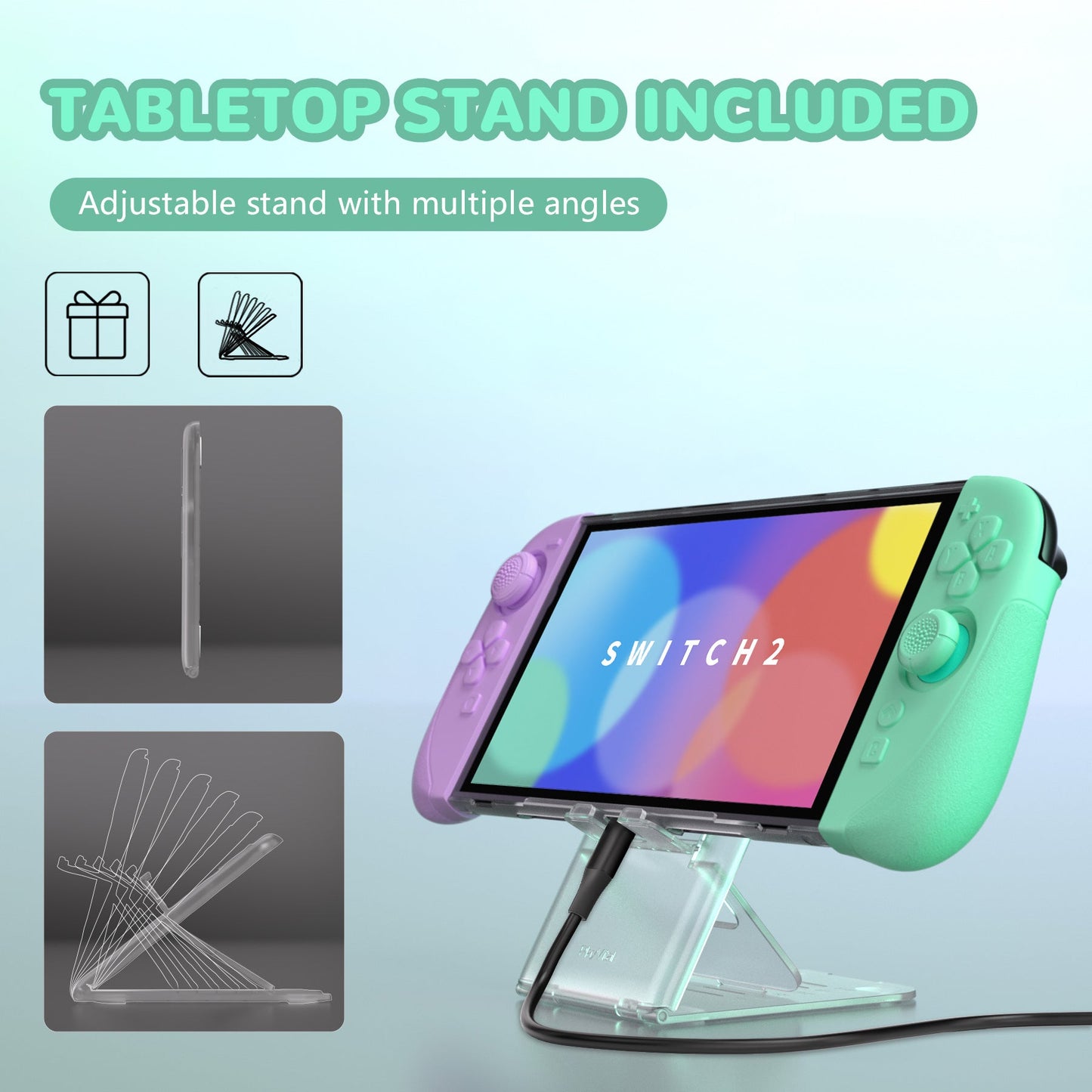 PlayVital Ranger Silicone Grip with Hard Console Cover for Nintendo Switch 2, Protective Case with Folding Stand & Thumb Grips Caps for Nintendo Switch 2 (2025) - Soft Violet & Mint Green PlayVital