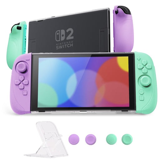PlayVital Ranger Silicone Grip with Hard Console Cover for Nintendo Switch 2, Protective Case with Folding Stand & Thumb Grips Caps for for Nintendo Switch 2 (2025) - Soft Violet & Mint Green PlayVital