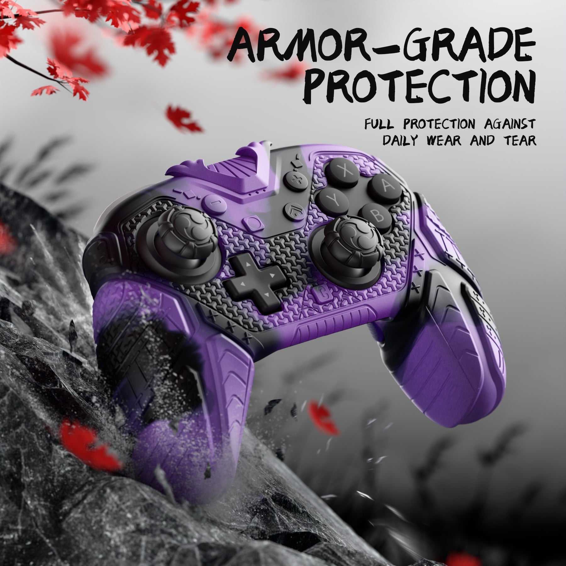 PlayVital Samurai Armor Edition Silicone Case for Switch 2 Pro Controller, for Nintendo Switch 2 Pro Controller Shockproof Skin Cover with Back Button Caps & Thumb Grip & Sticker - Purple & Black PlayVital