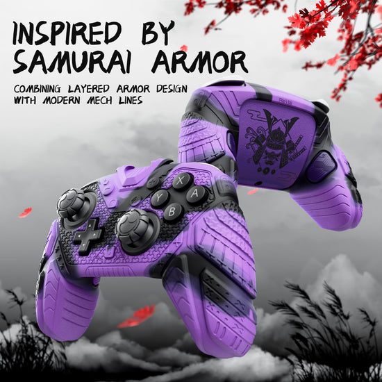 PlayVital Samurai Armor Edition Silicone Case for Switch 2 Pro Controller, for Nintendo Switch 2 Pro Controller Shockproof Skin Cover with Back Button Caps & Thumb Grip & Sticker - Purple & Black PlayVital