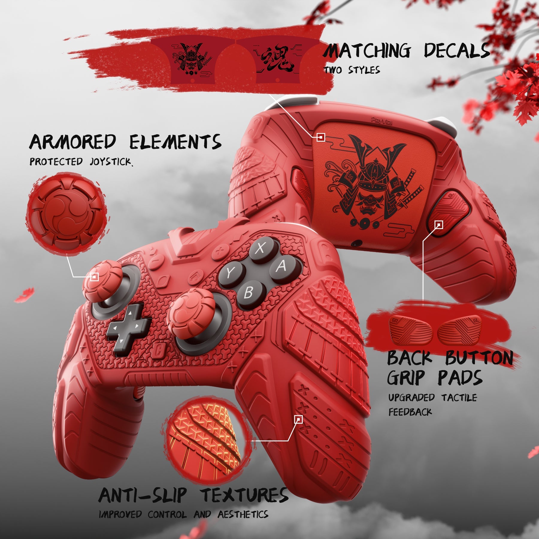 PlayVital Samurai Armor Edition Silicone Case for Switch 2 Pro Controller, for Nintendo Switch 2 Pro Controller Shockproof Skin Cover with Back Button Caps & Thumb Grip & Sticker - Red PlayVital