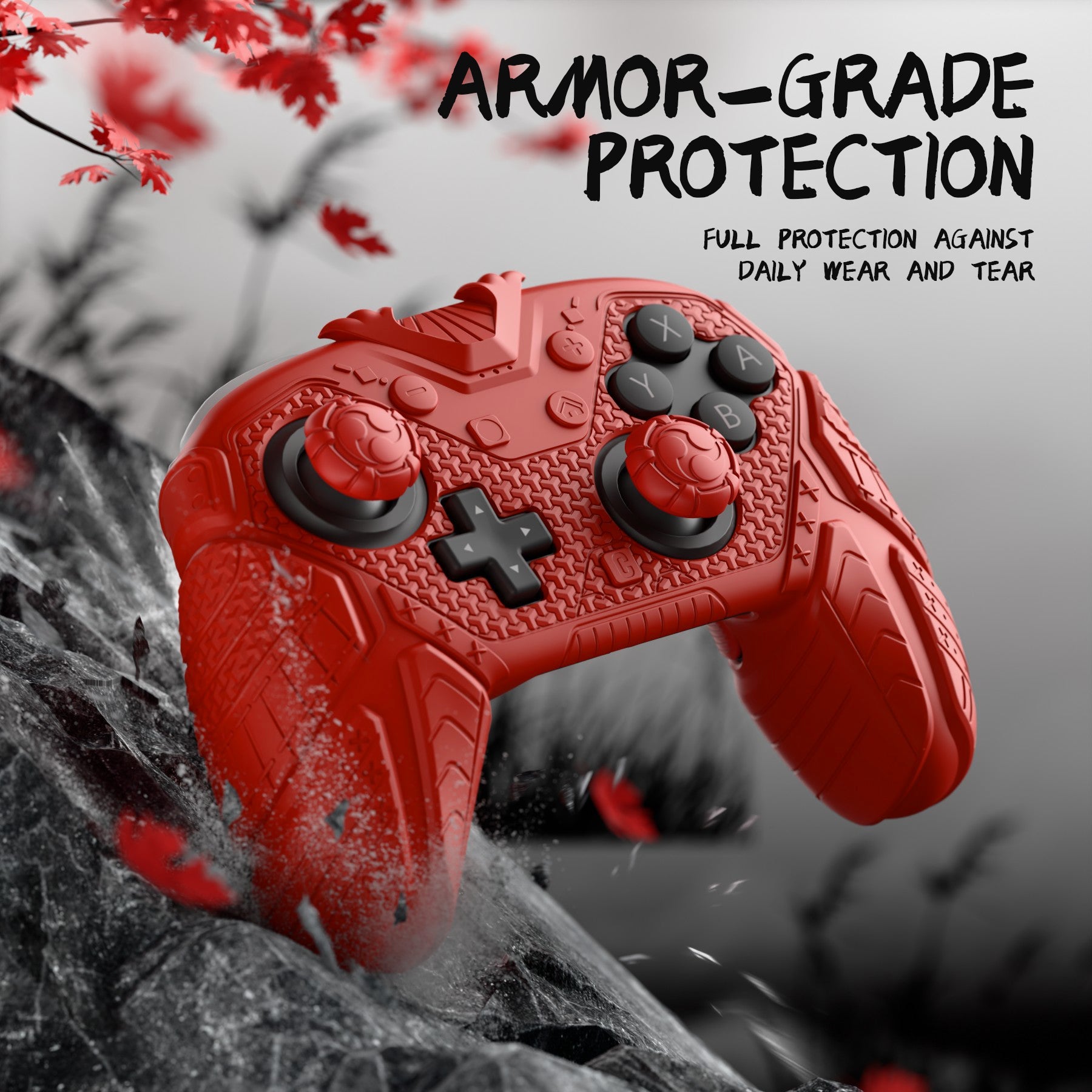 PlayVital Samurai Armor Edition Silicone Case for Switch 2 Pro Controller, for Nintendo Switch 2 Pro Controller Shockproof Skin Cover with Back Button Caps & Thumb Grip & Sticker - Red PlayVital