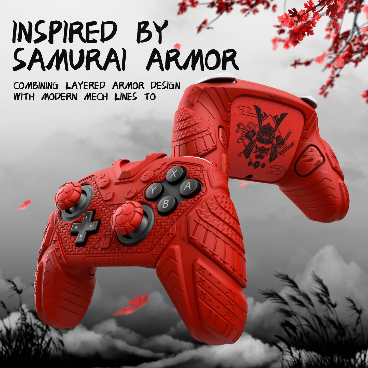 PlayVital Samurai Armor Edition Silicone Case for Switch 2 Pro Controller, for Nintendo Switch 2 Pro Controller Shockproof Skin Cover with Back Button Caps & Thumb Grip & Sticker - Red PlayVital