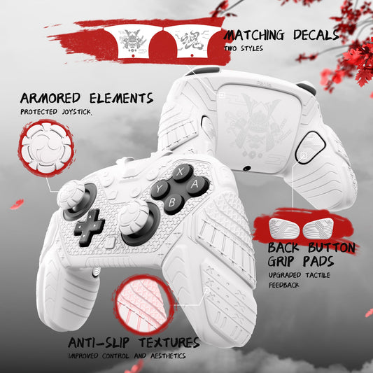 PlayVital Samurai Armor Edition Silicone Case for Switch 2 Pro Controller, for Nintendo Switch 2 Pro Controller Shockproof Skin Cover with Back Button Caps & Thumb Grip & Sticker - White PlayVital