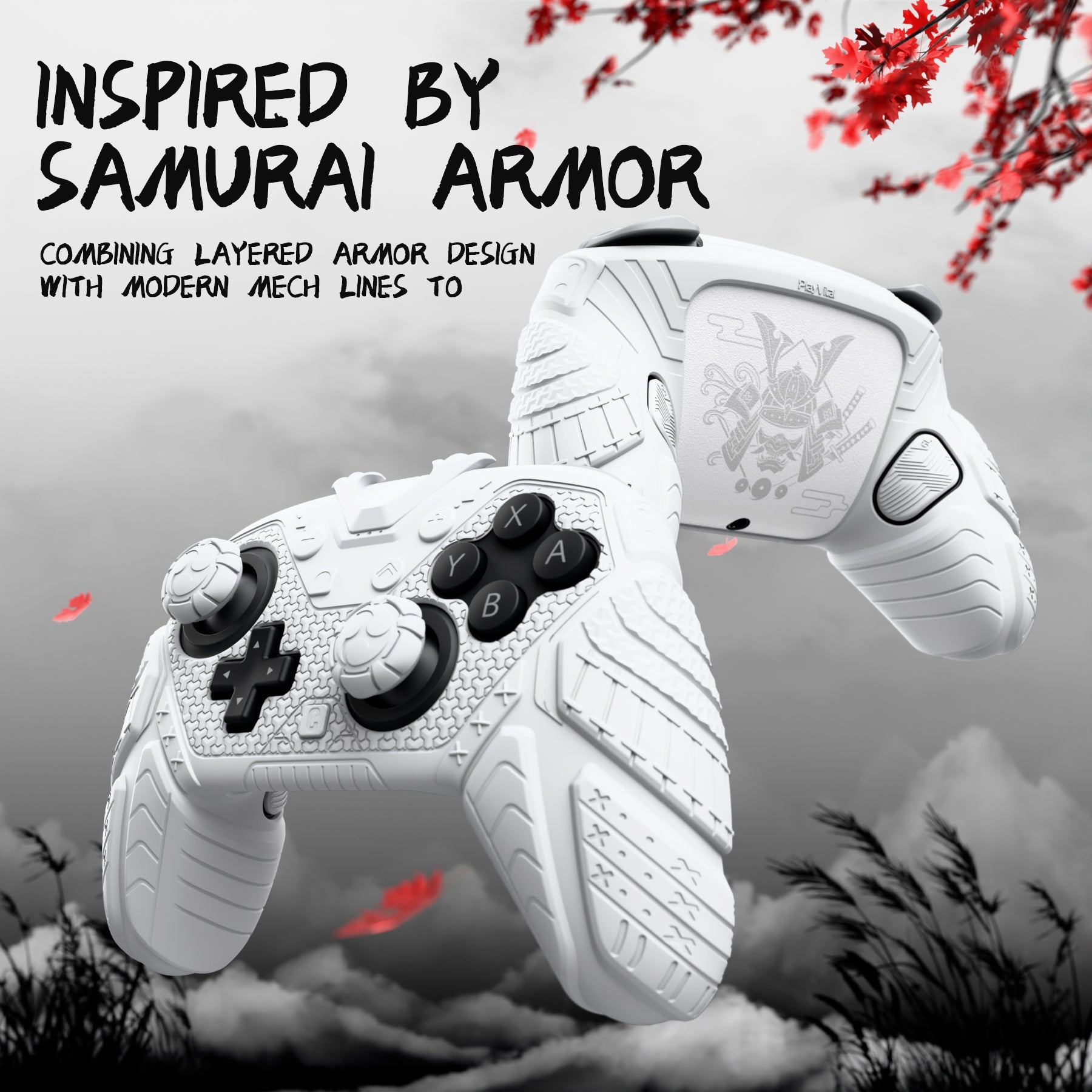 PlayVital Samurai Armor Edition Silicone Case for Switch 2 Pro Controller, for Nintendo Switch 2 Pro Controller Shockproof Skin Cover with Back Button Caps & Thumb Grip & Sticker - White PlayVital