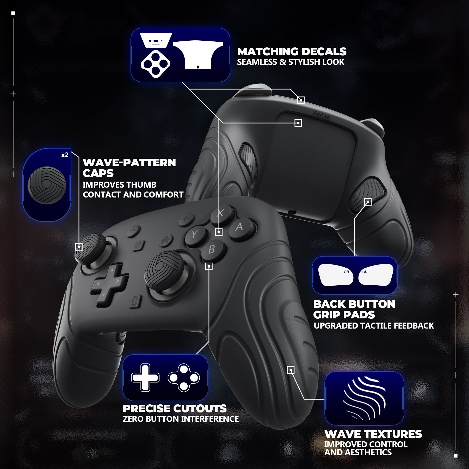 PlayVital Samurai Edition Protective Silicone Case for Nintendo Switch 2 Pro Controller with Back Button Caps & Thumb Grips & Stickers - Black PlayVital