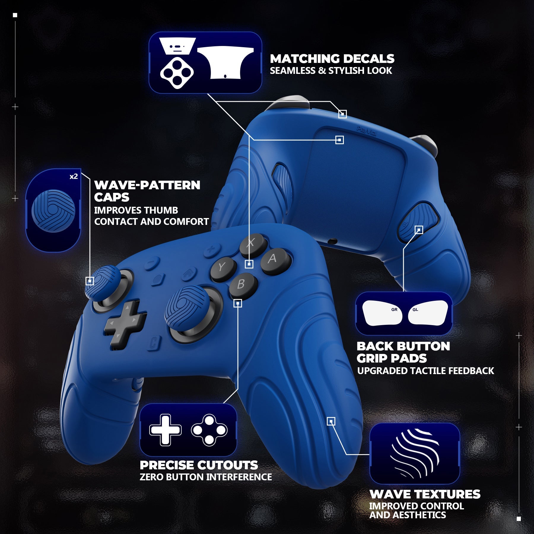 PlayVital Samurai Edition Protective Silicone Case for Nintendo Switch 2 Pro Controller with Back Button Caps & Thumb Grips & Stickers - Blue PlayVital