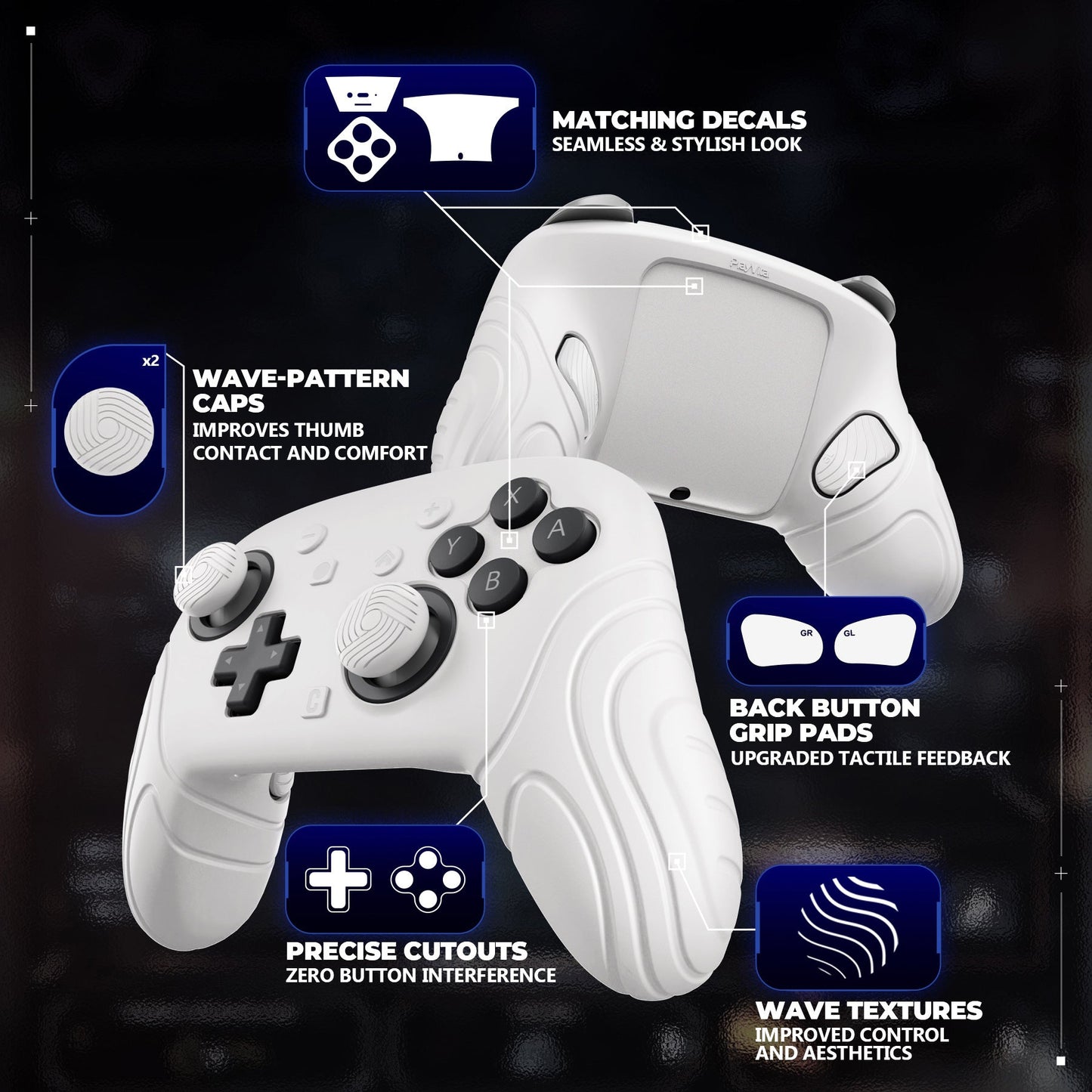 PlayVital Samurai Edition Protective Silicone Case for Nintendo Switch 2 Pro Controller with Back Button Caps & Thumb Grips & Stickers - White PlayVital