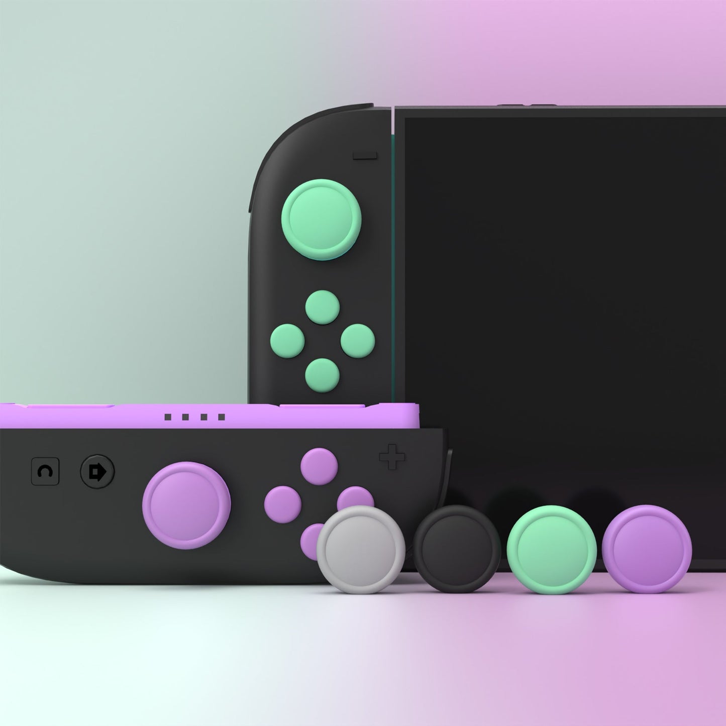 PlayVital Silicone Button Covers and Thumb Grip Set for Nintendo Switch 2 (2025), 8 Pcs Colorful ABXY Directional Button Caps & 4 Joystick Caps for Joycon 2 - Soft Violet & Mint Green & Black & Gray PlayVital